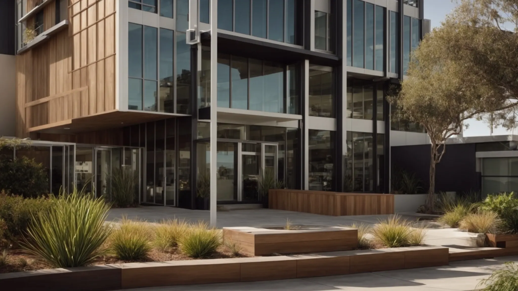 Show an image of a modern office building in San Diego with large windows, solar panels on the roof, and walls made of recycled materials. Include landscaping with drought-resistant plants and a rainwater collection system.