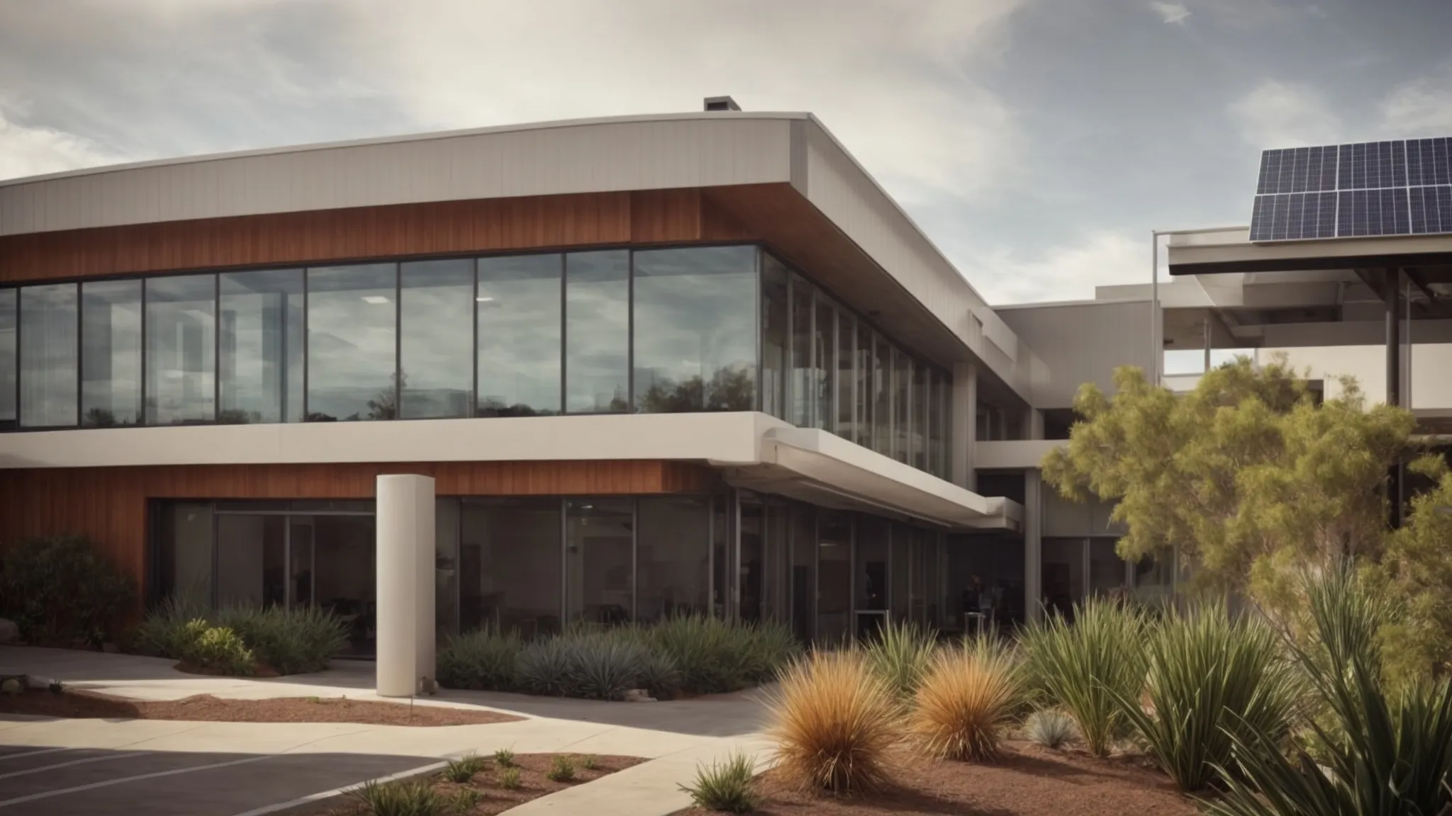 Show an image of a modern office building in San Diego with large windows, solar panels on the roof, and walls made of recycled materials. Include landscaping with drought-resistant plants and a rainwater collection system.