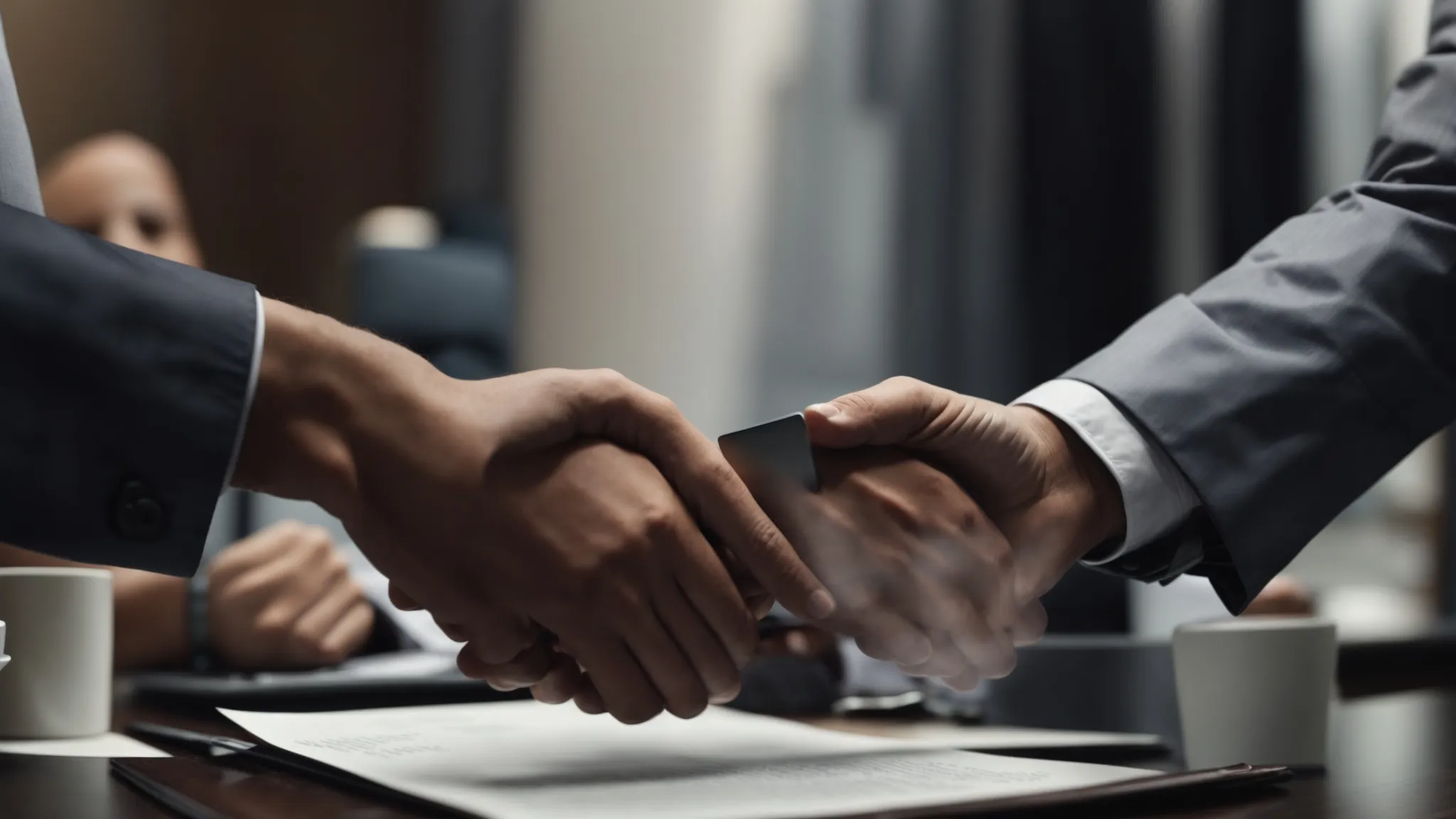 two business professionals shake hands over a table, with documents and digital devices in front of them, symbolizing the initiation of a partnership.