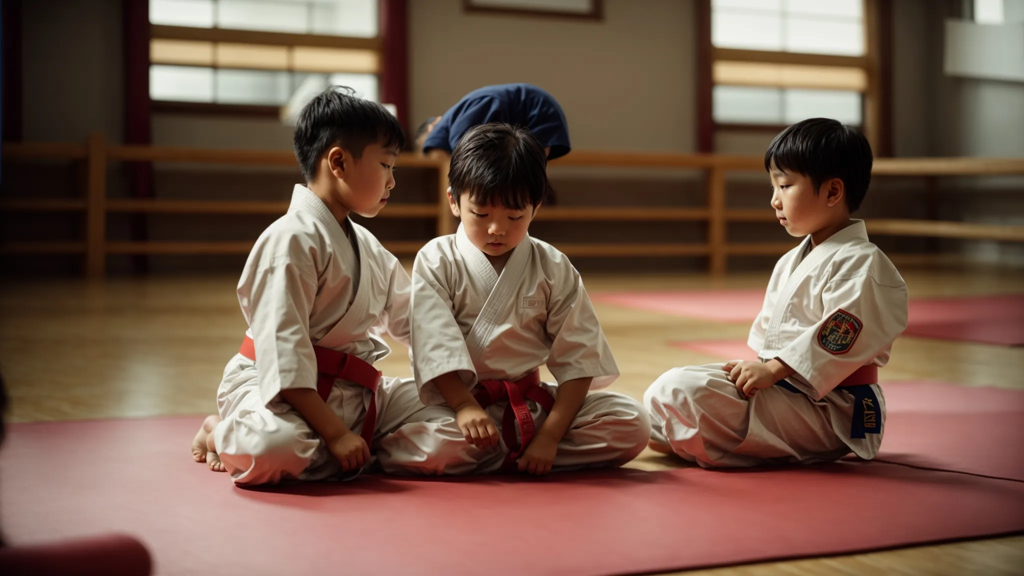 two children in gi uniforms grapple on a mat under the watchful eye of an instructor in a brightly lit dojo.