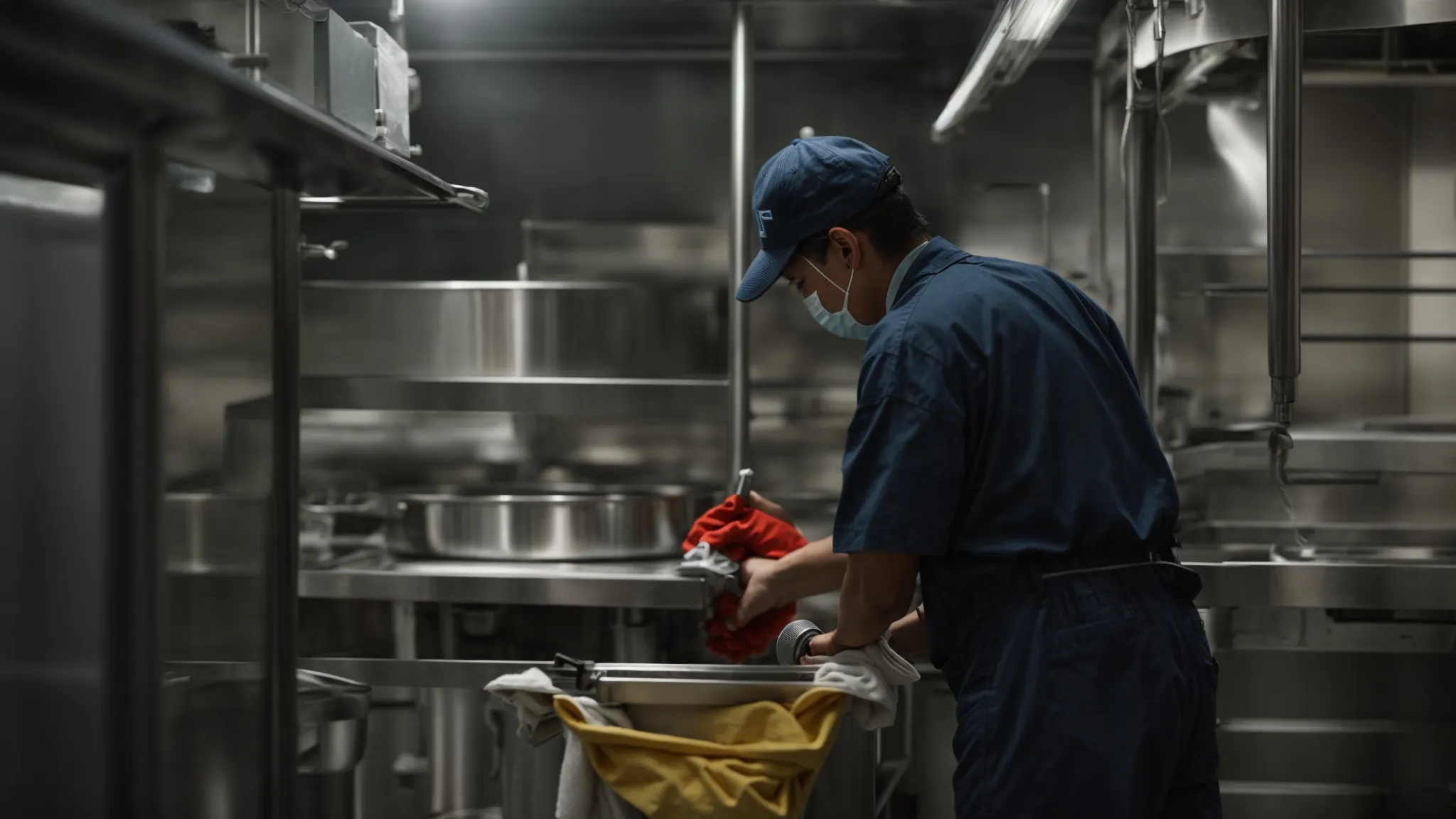 a professional cleaner is using an eco-friendly solution to thoroughly clean a commercial kitchen exhaust system to enhance its efficiency.