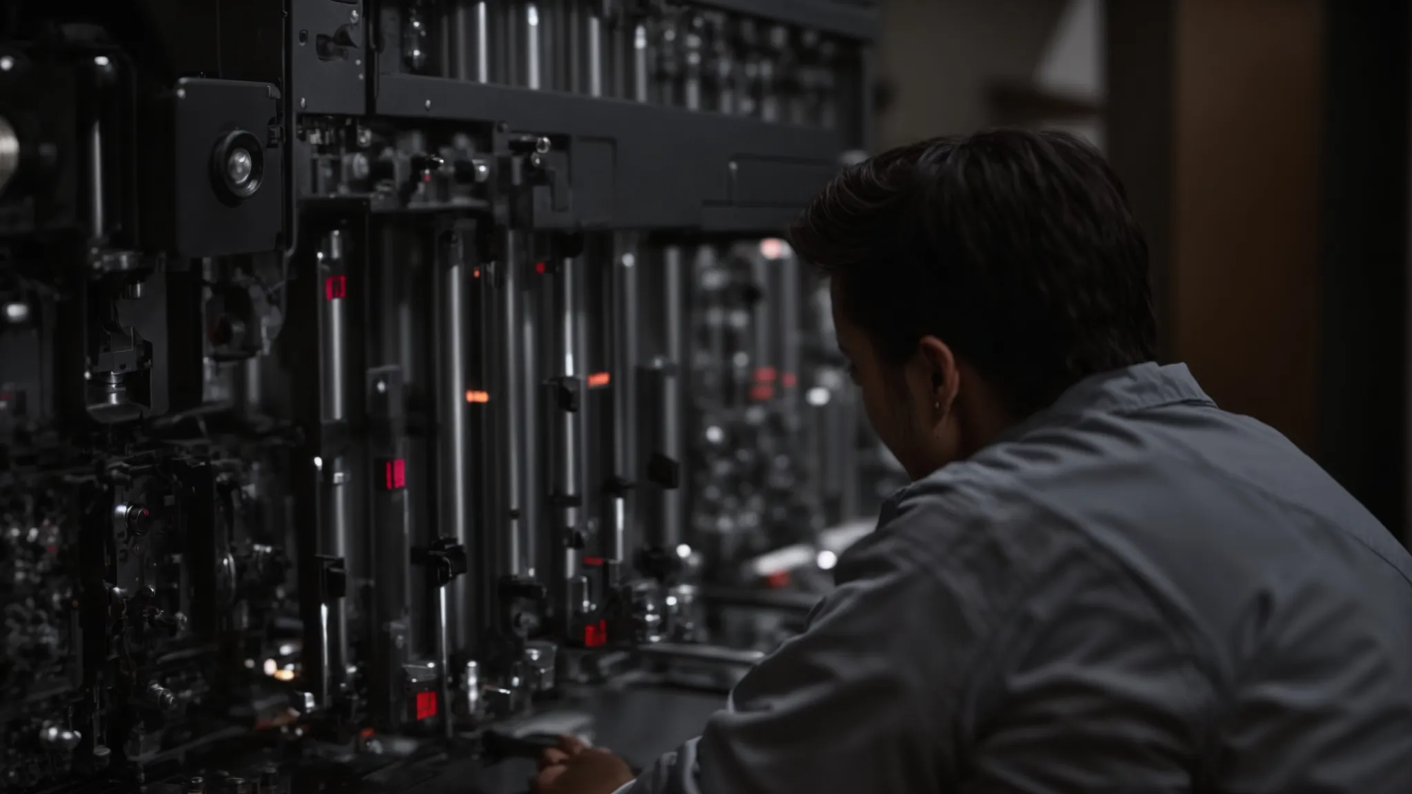 a scientist adjusting dials on a large, complex machine, eyes focused intently on its readings.