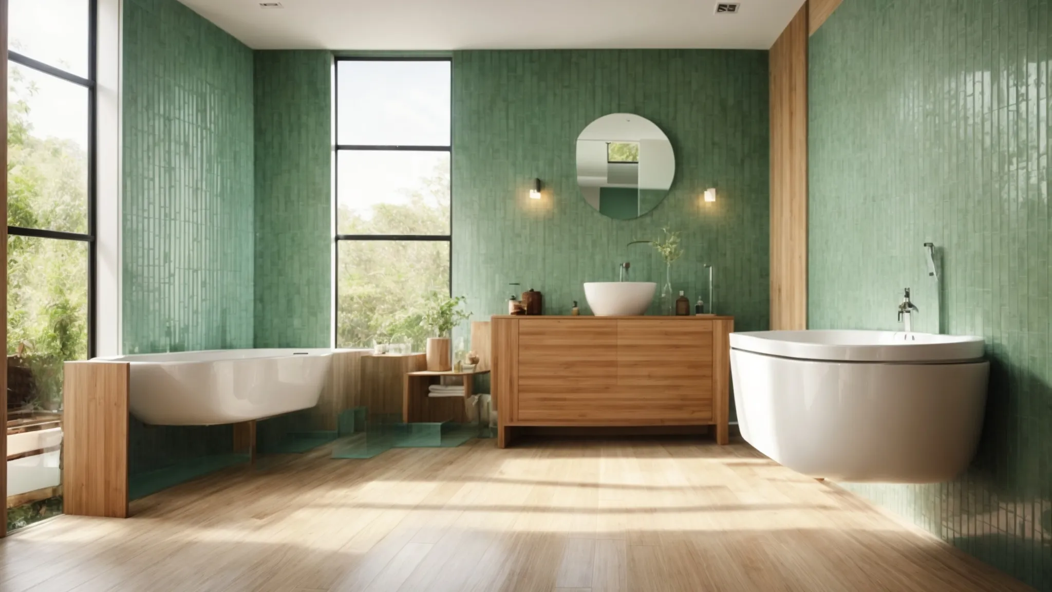 a spacious, bright bathroom with a bamboo floor and a recycled glass tile accent wall.