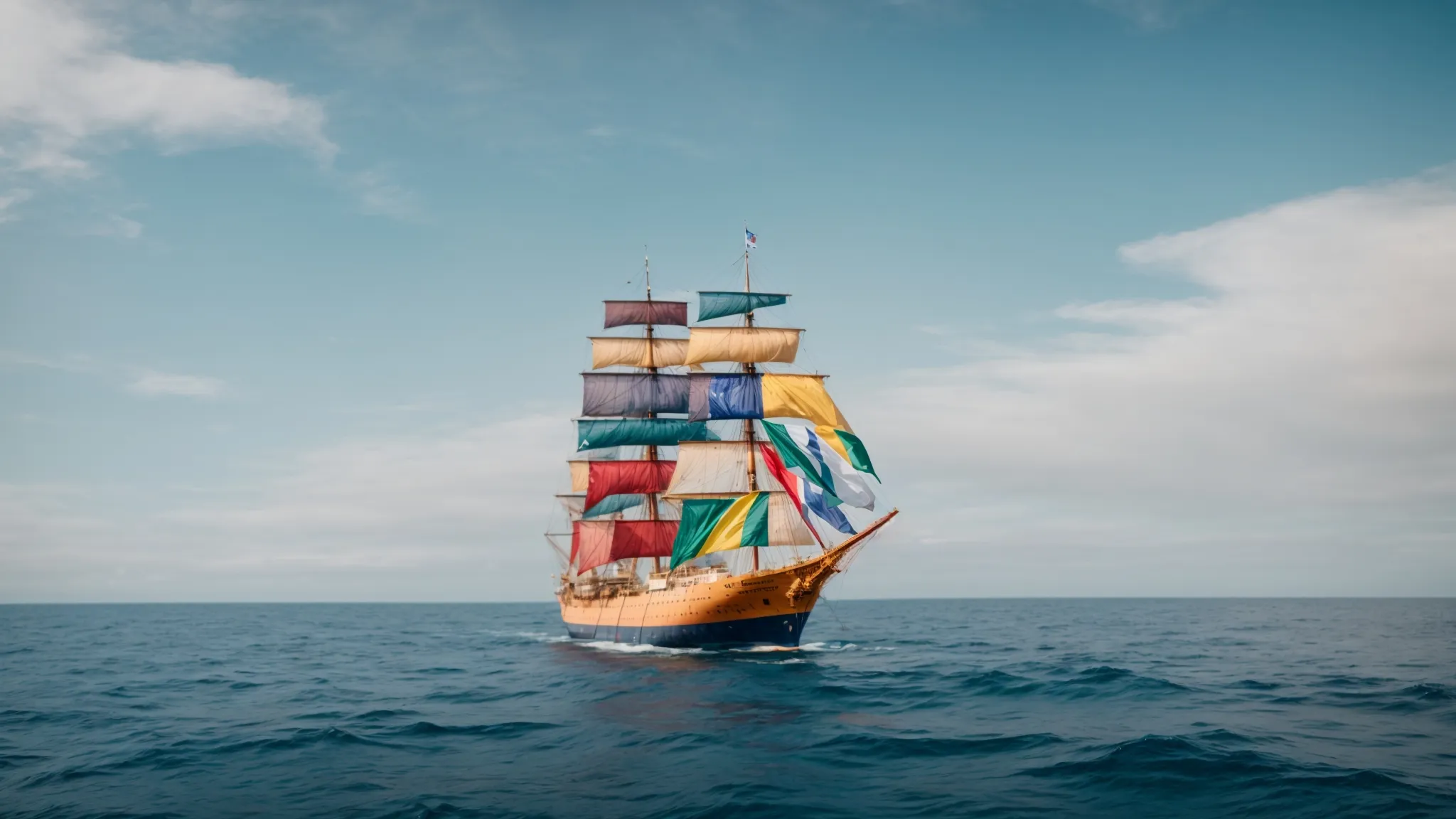 a ship navigating through a vast sea with a colorful flag waving atop its mast under a clear sky.