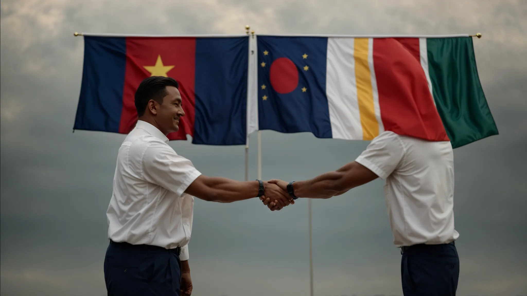 two diplomats shaking hands in front of national flags, symbolizing the signing of an international agreement.