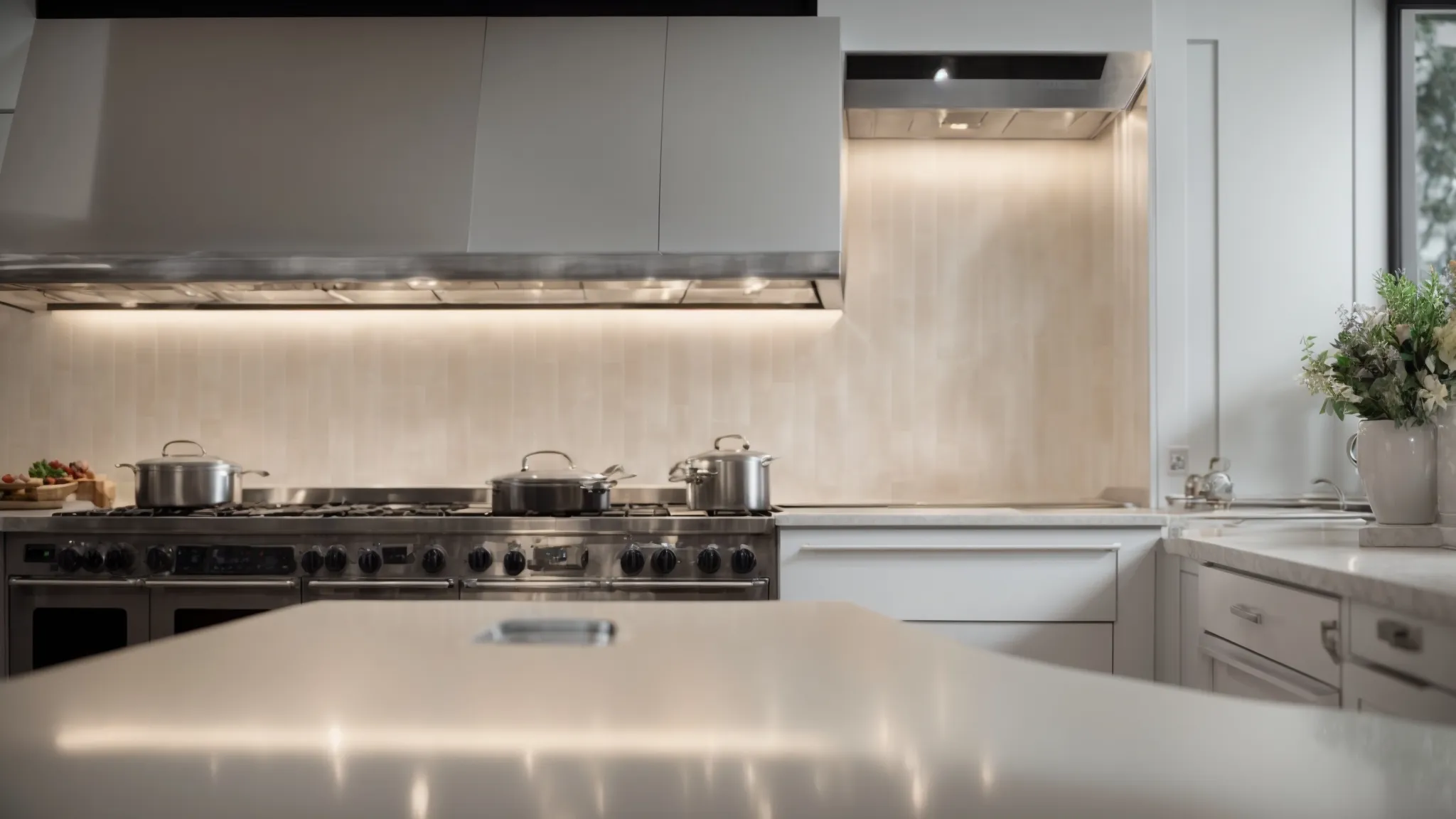 a kitchen gleams under bright lights, showcasing a sparkling Toronto Hood Cleaning hood above an immaculate stove, with cleaning supplies arranged neatly on a nearby counter.