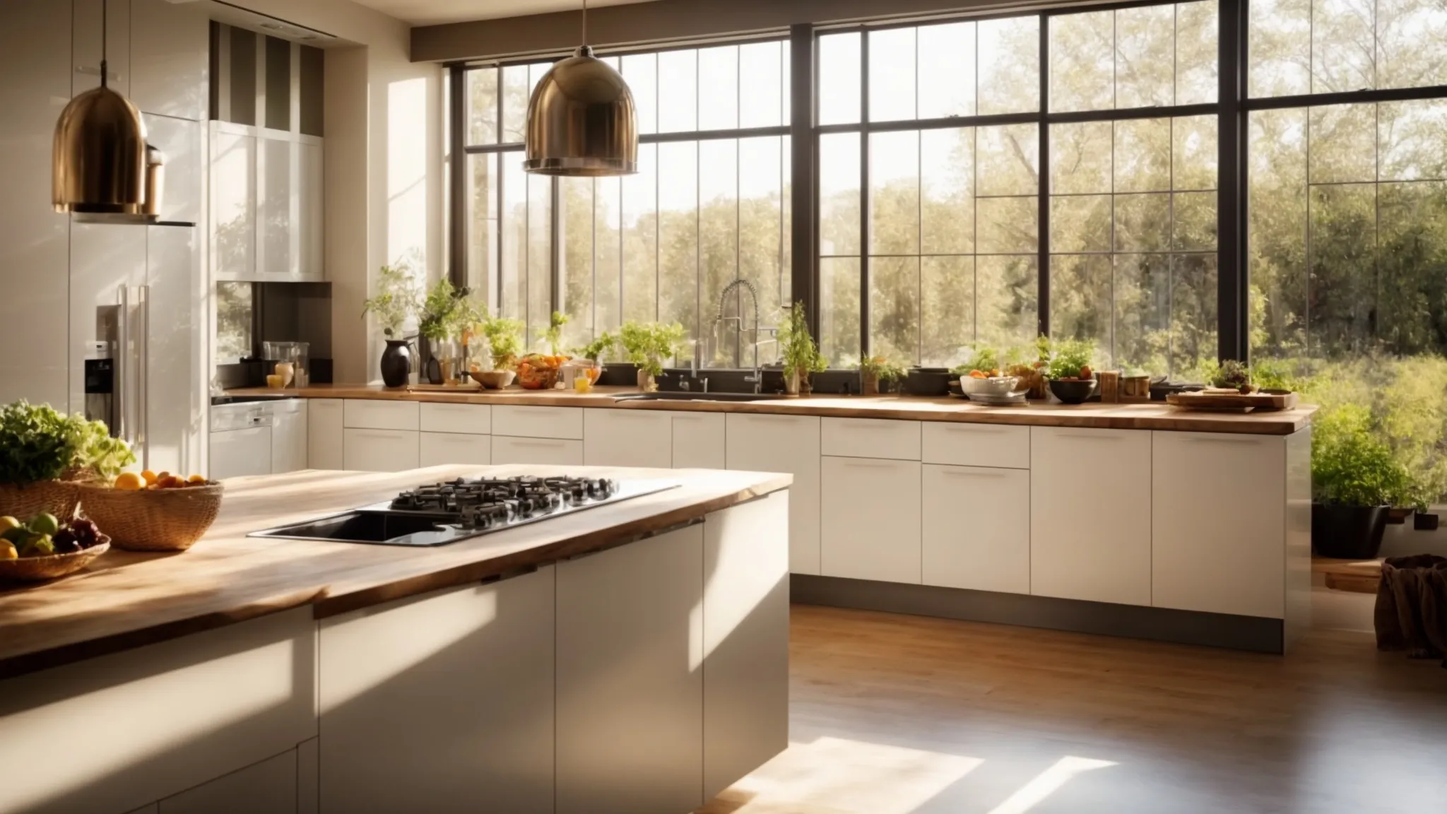 a spacious kitchen bathed in sunlight, with large windows casting a warm glow on sleek surfaces.