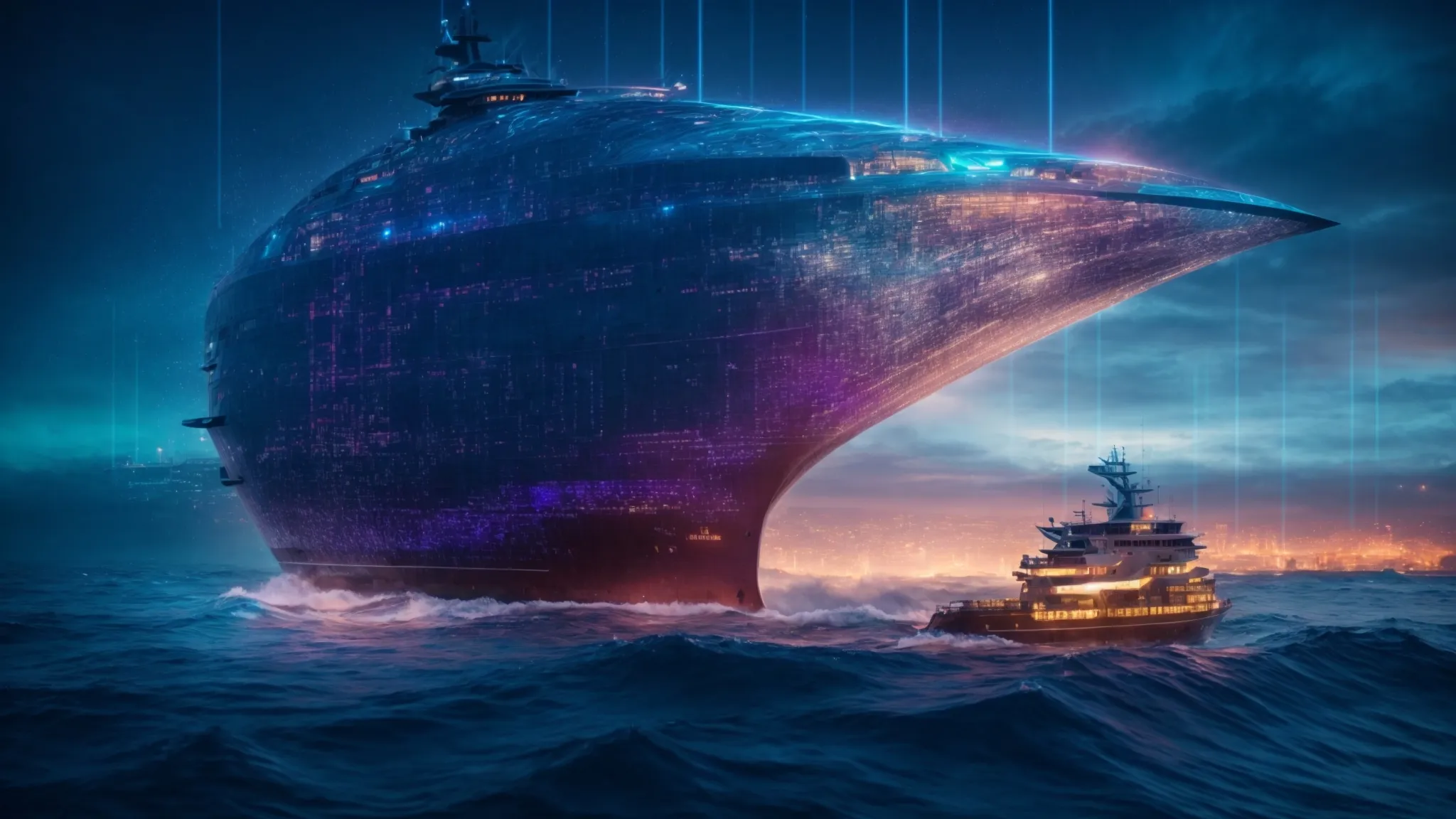 a futuristic-looking ship navigates through a sea illuminated by digital data streams, symbolizing the journey of adapting seo strategies in a digital landscape.