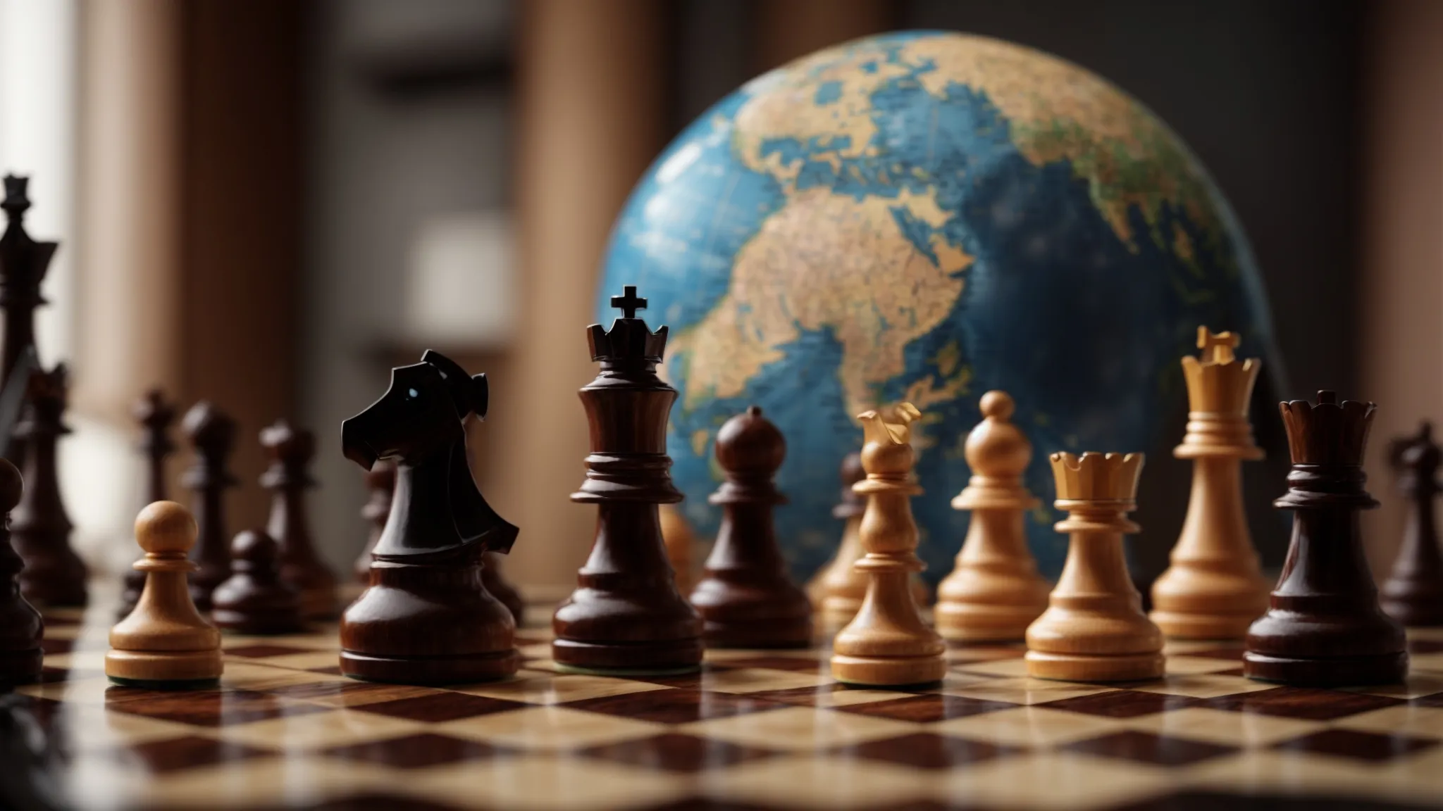 a chessboard with a globe in the background, symbolizing strategic moves for global online presence.