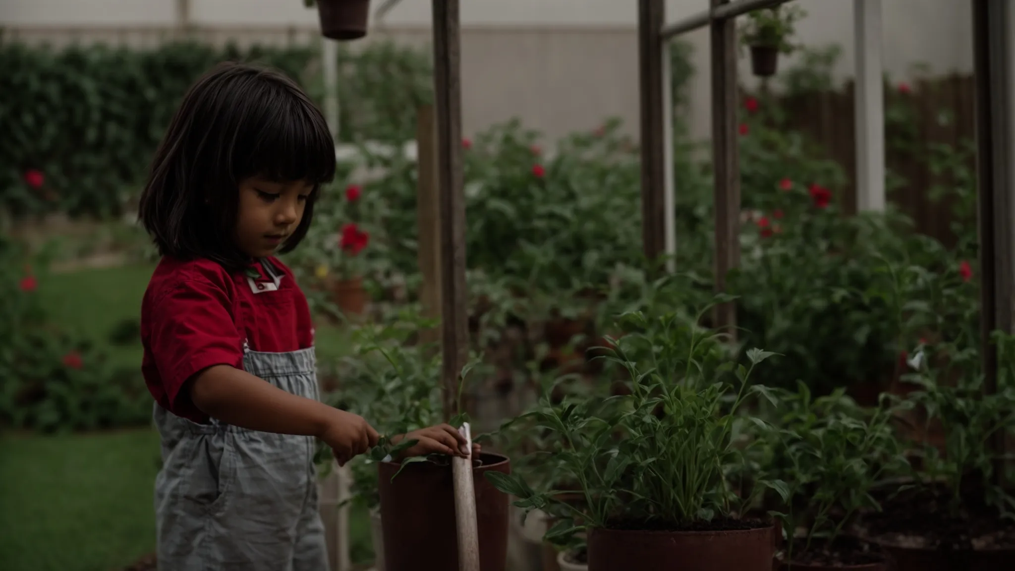 a child beams with pride while watering plants in a classroom garden corner.
