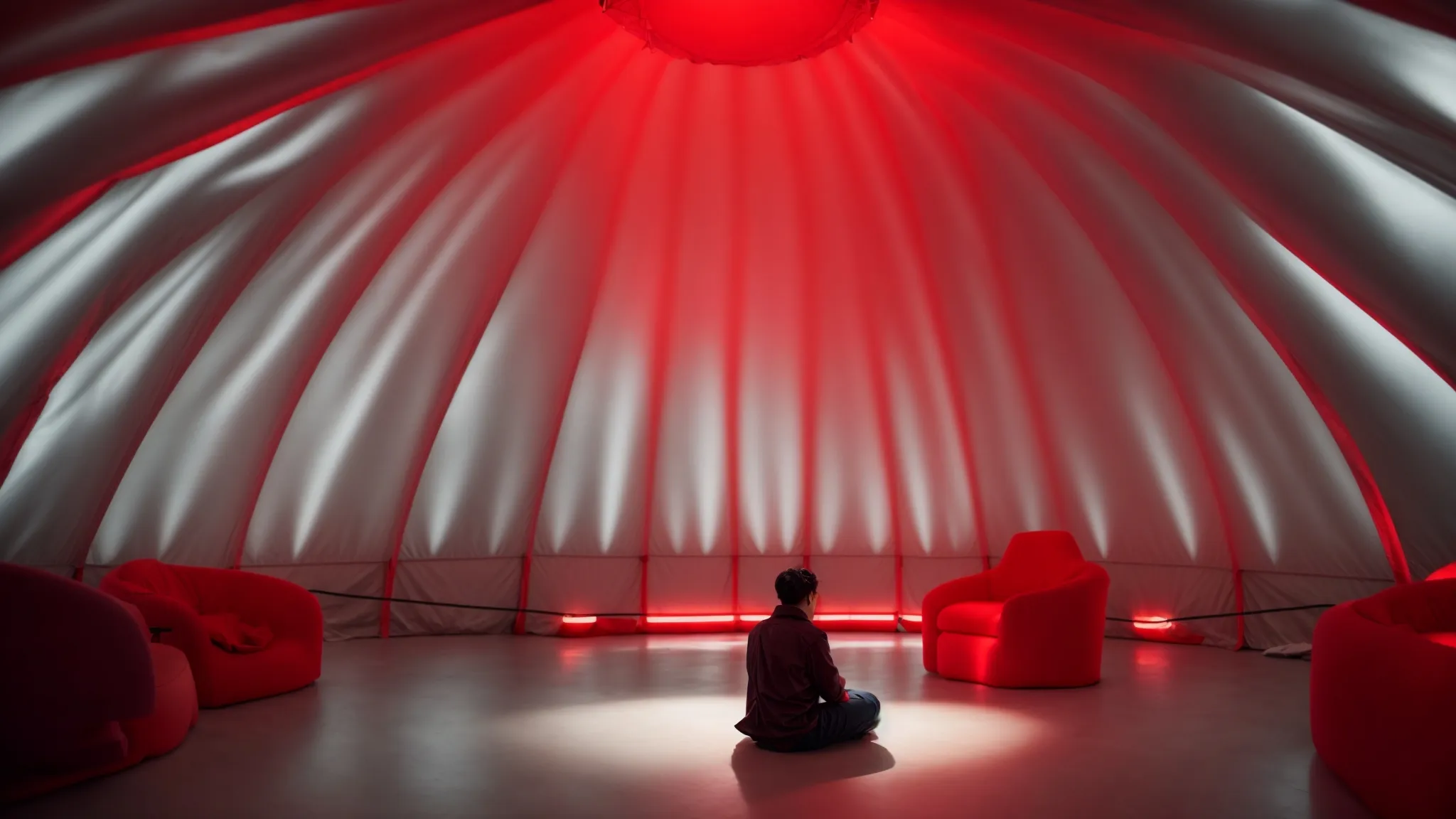 a person sits under a dome emitting red light, targeting their scalp in a serene, clinical environment.