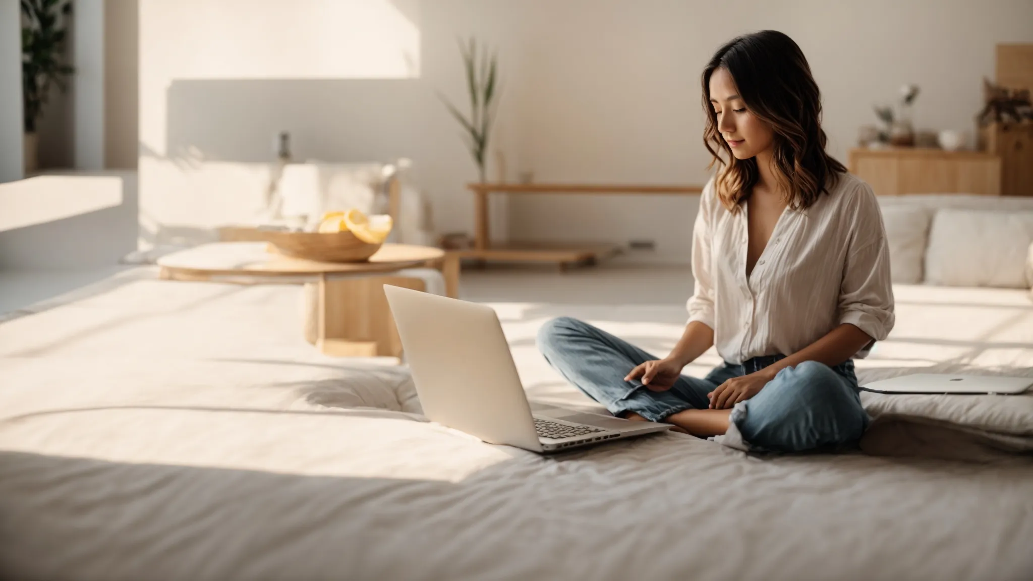 a person sitting comfortably with a laptop in a spacious, sunlit room, symbolizing the freedom and flexibility of freelancing.
