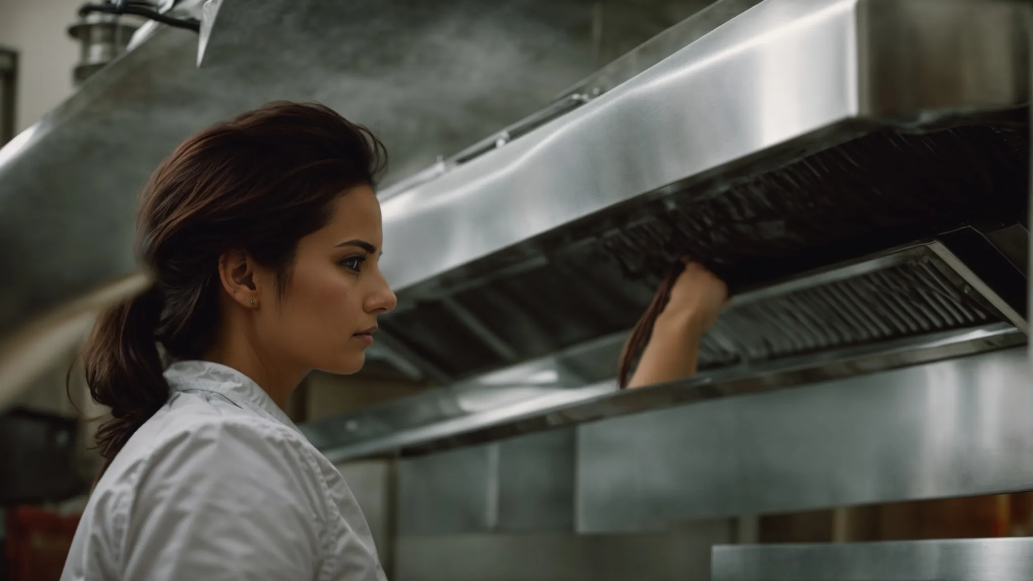 a commercial kitchen staff member peers anxiously at a neglected, greasy exhaust hood, symbolizing the looming threat of non-compliance penalties in ontario.