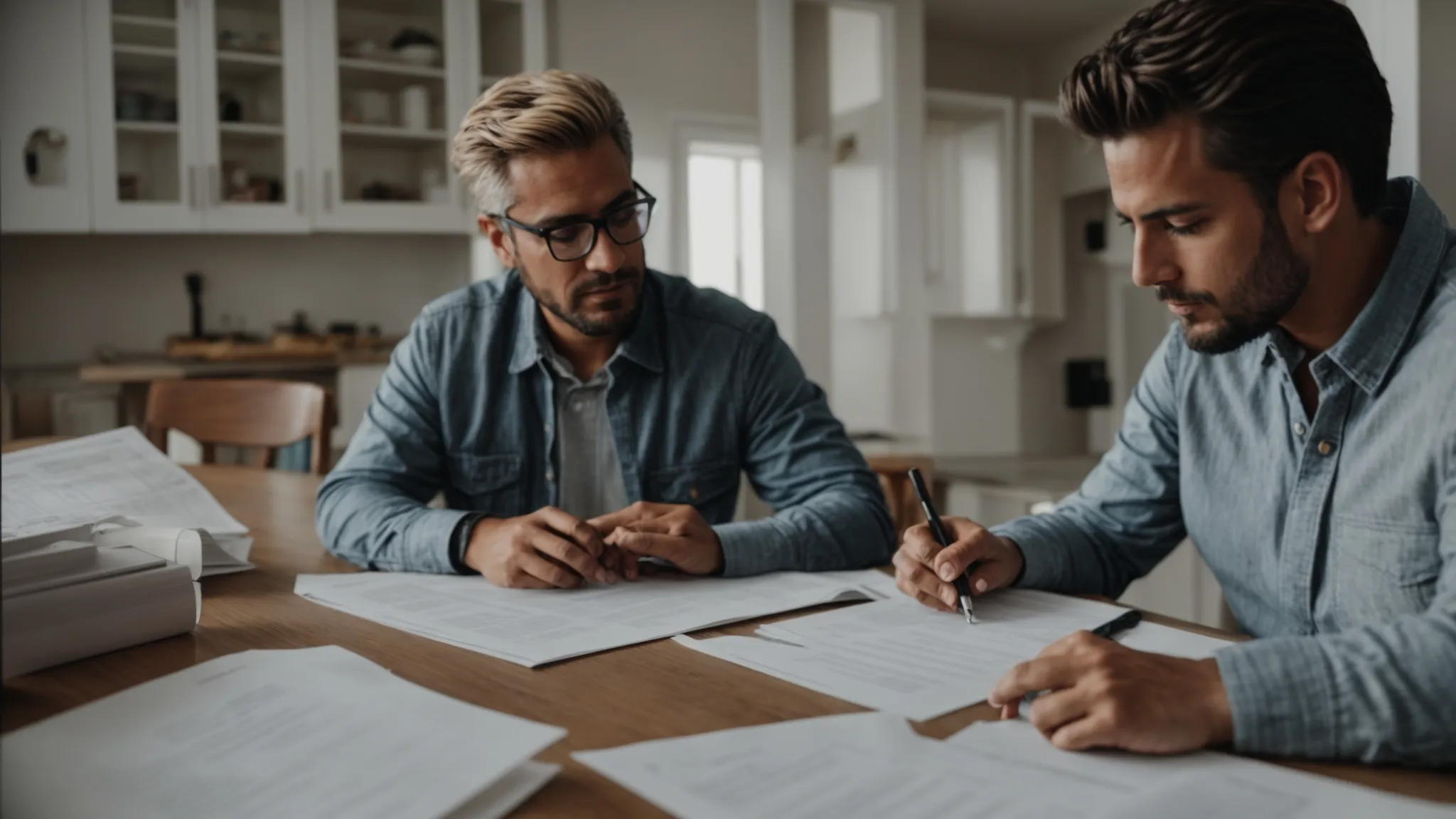 a homeowner and contractor sit across from each other at a table, with an open blueprint and documents spread out before them.