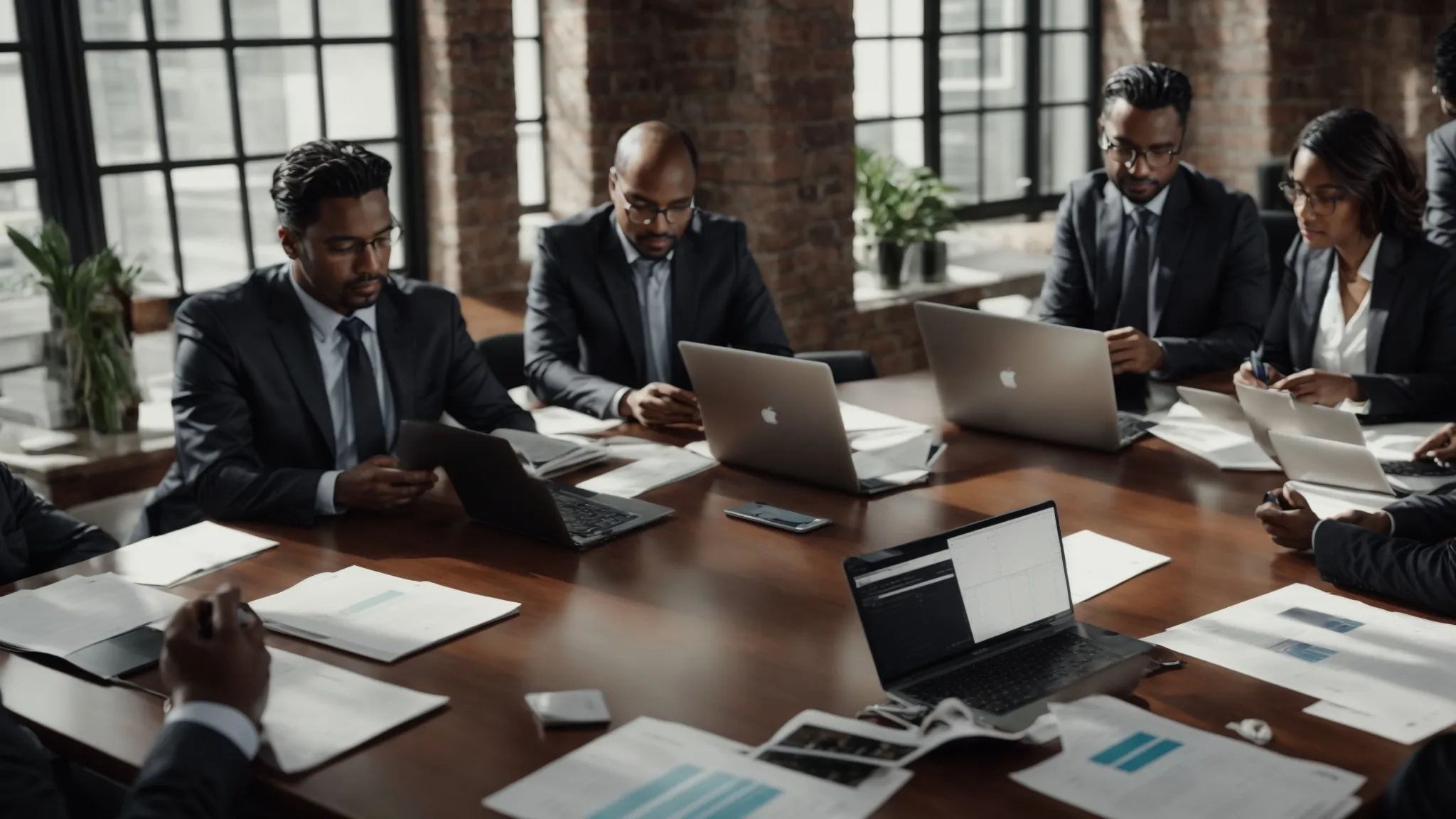 a group of professionals gather around a conference table, analyzing charts and data on laptops.