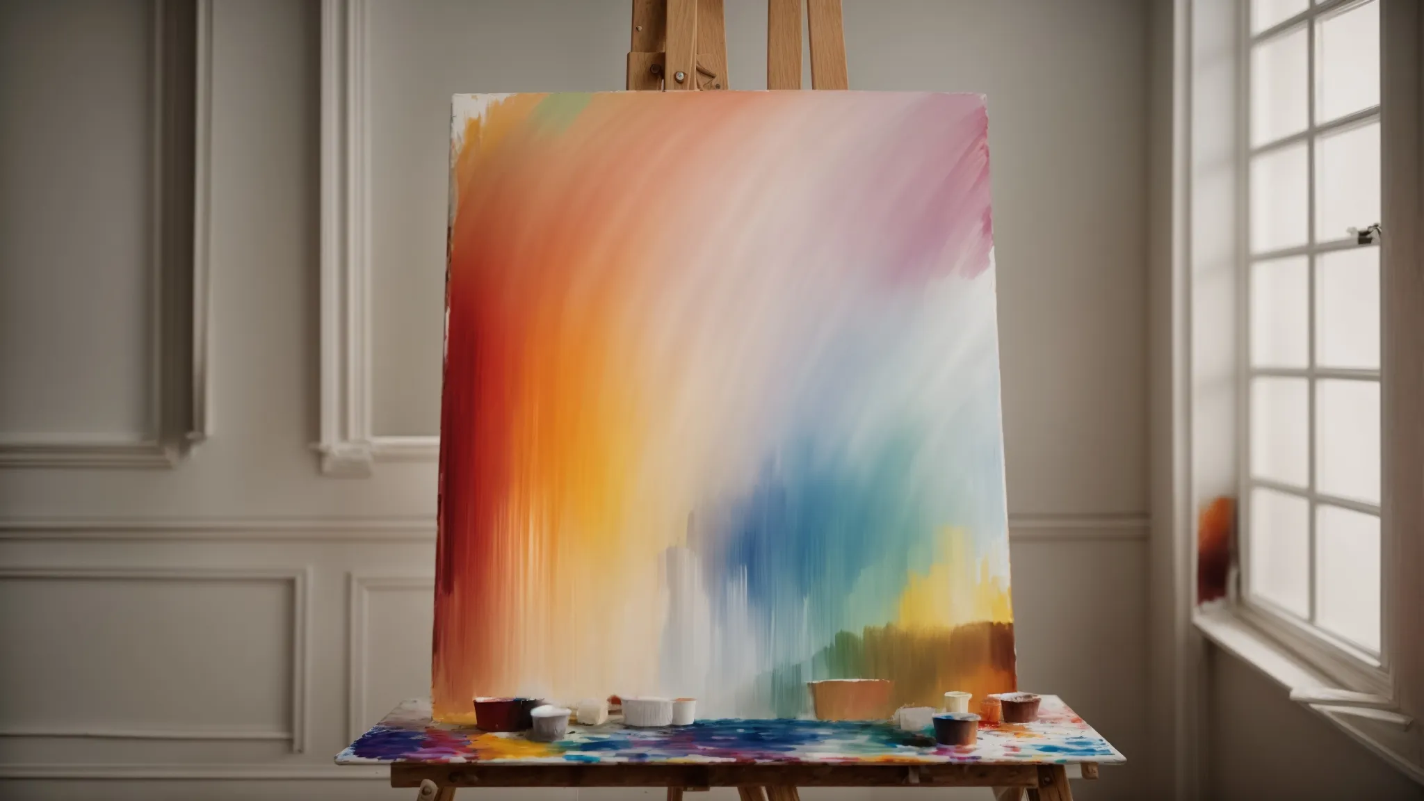 a vibrant palette of paint and a blank canvas on an easel under soft studio lighting.