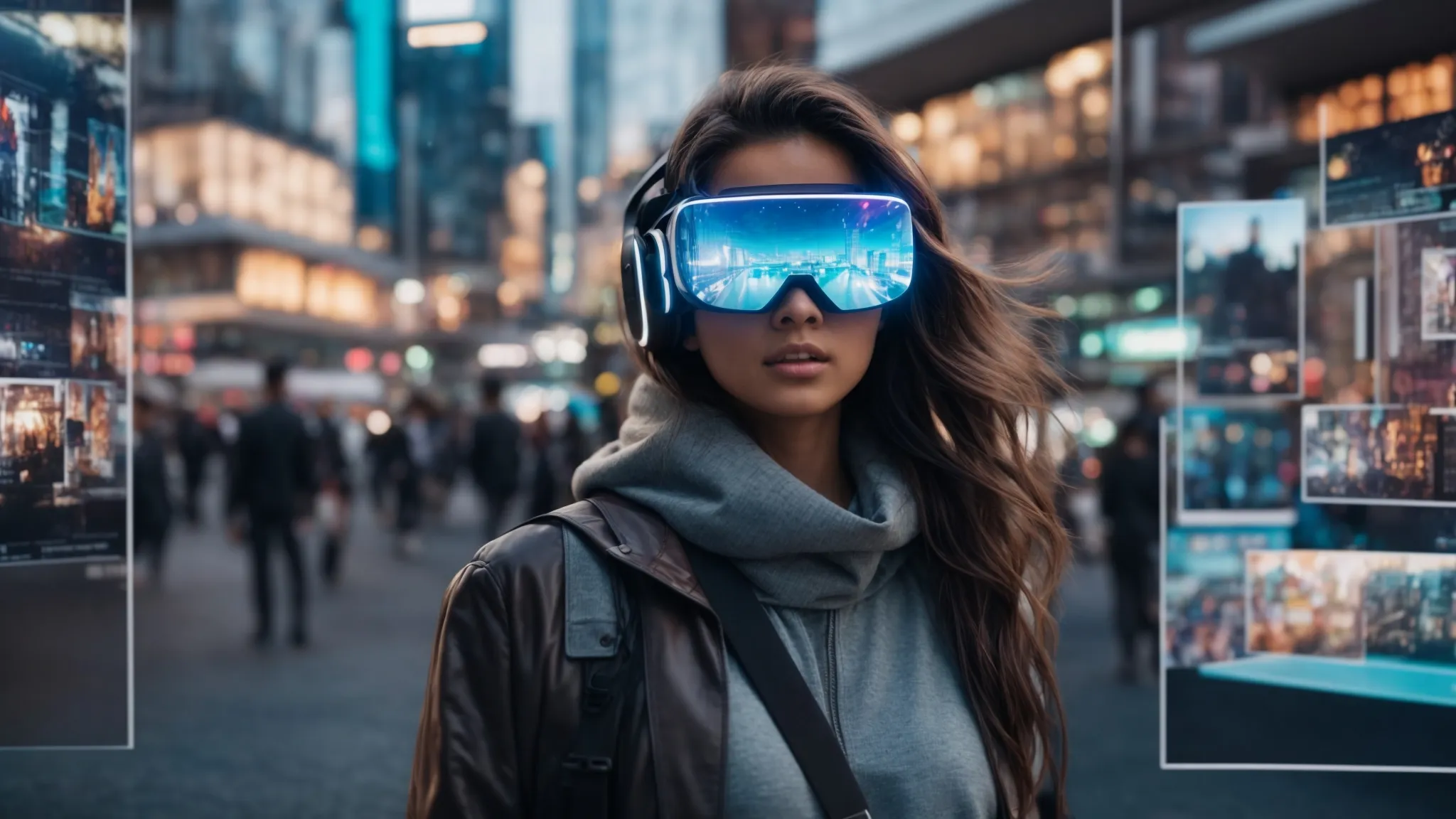 a person wearing virtual reality goggles, surrounded by holographic images of various advertisements in a busy city square at dusk.