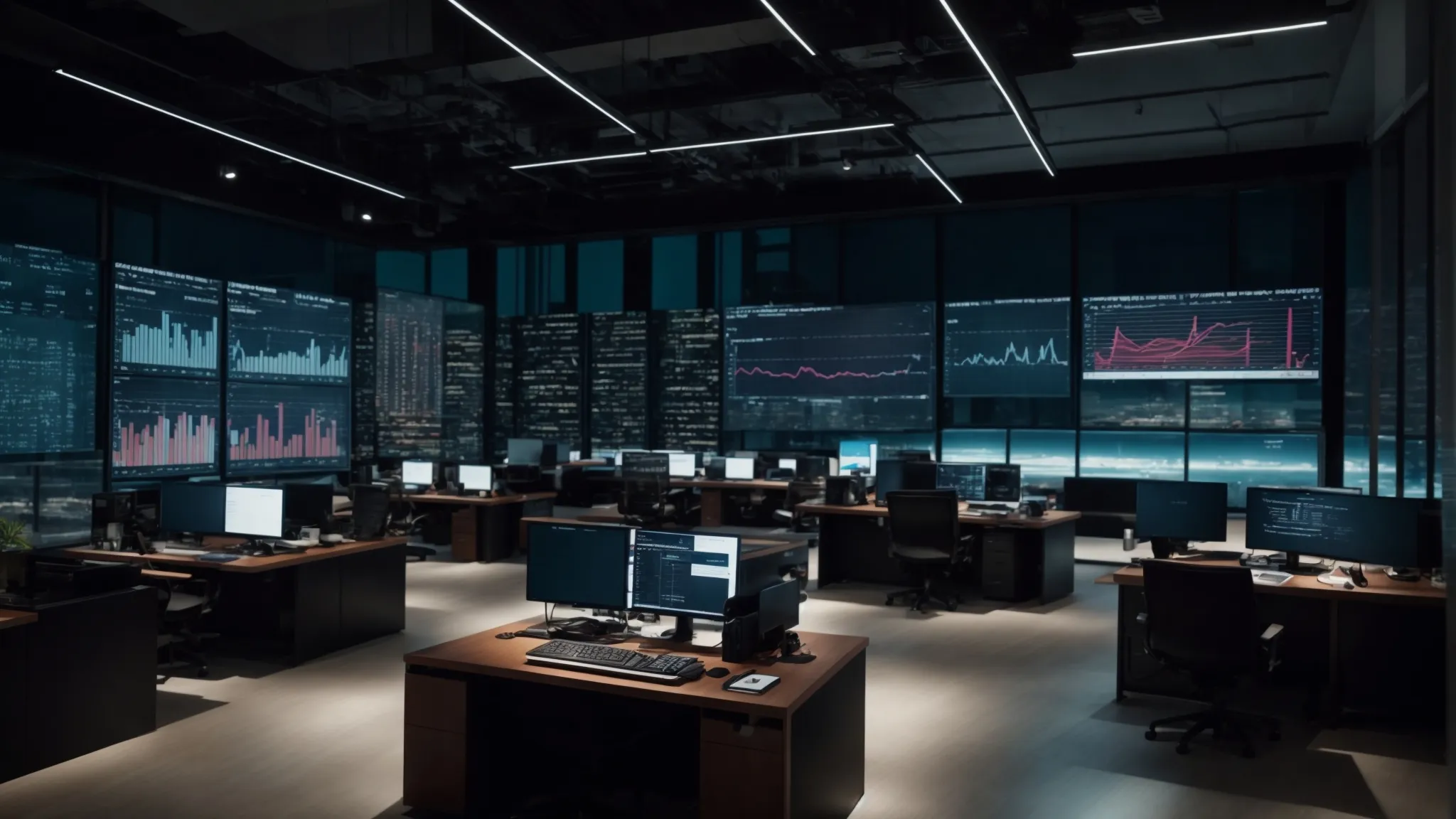 a sleek, modern office filled with screens displaying graphs and data analytics.