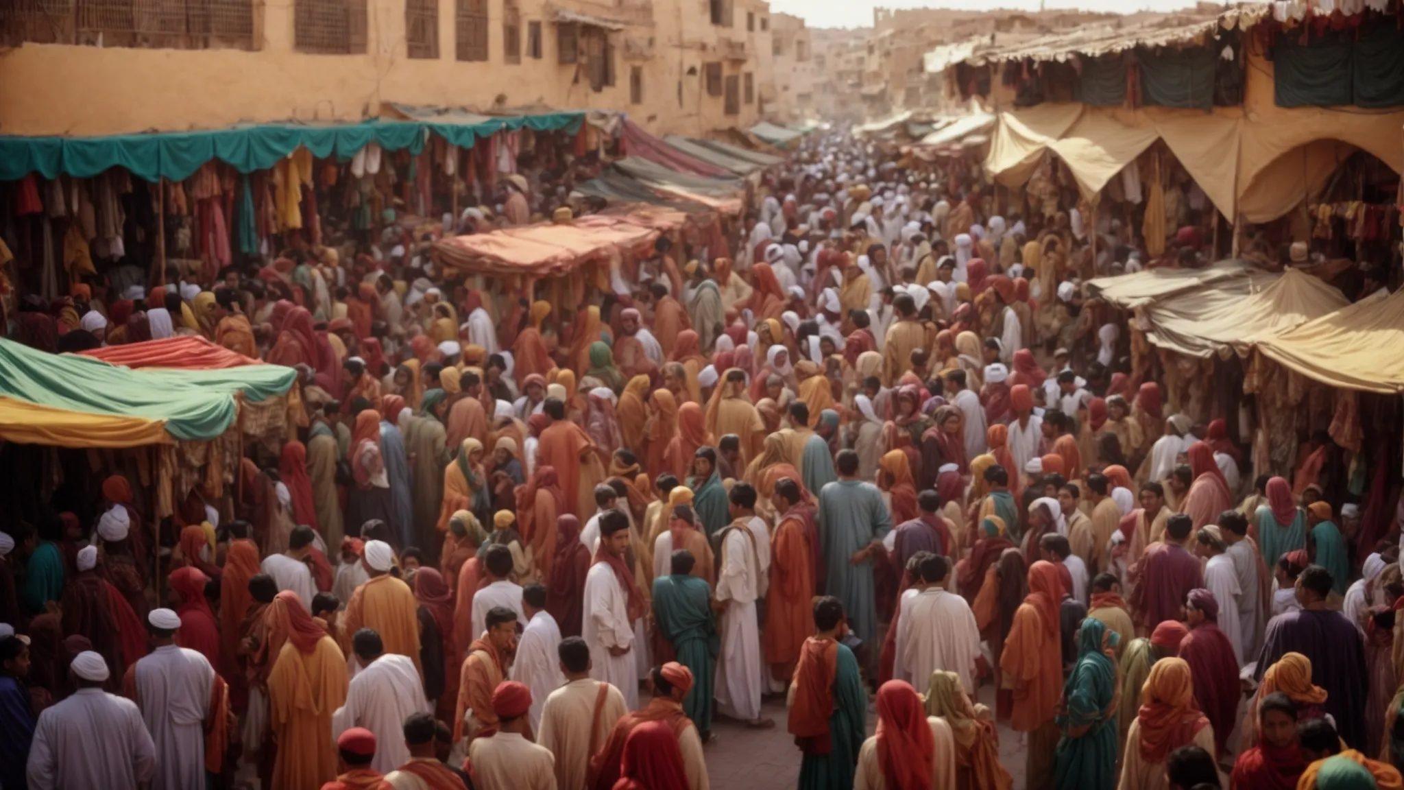 a bustling moroccan market square filled with vibrant colors and joyful crowds, celebrating a traditional festival.