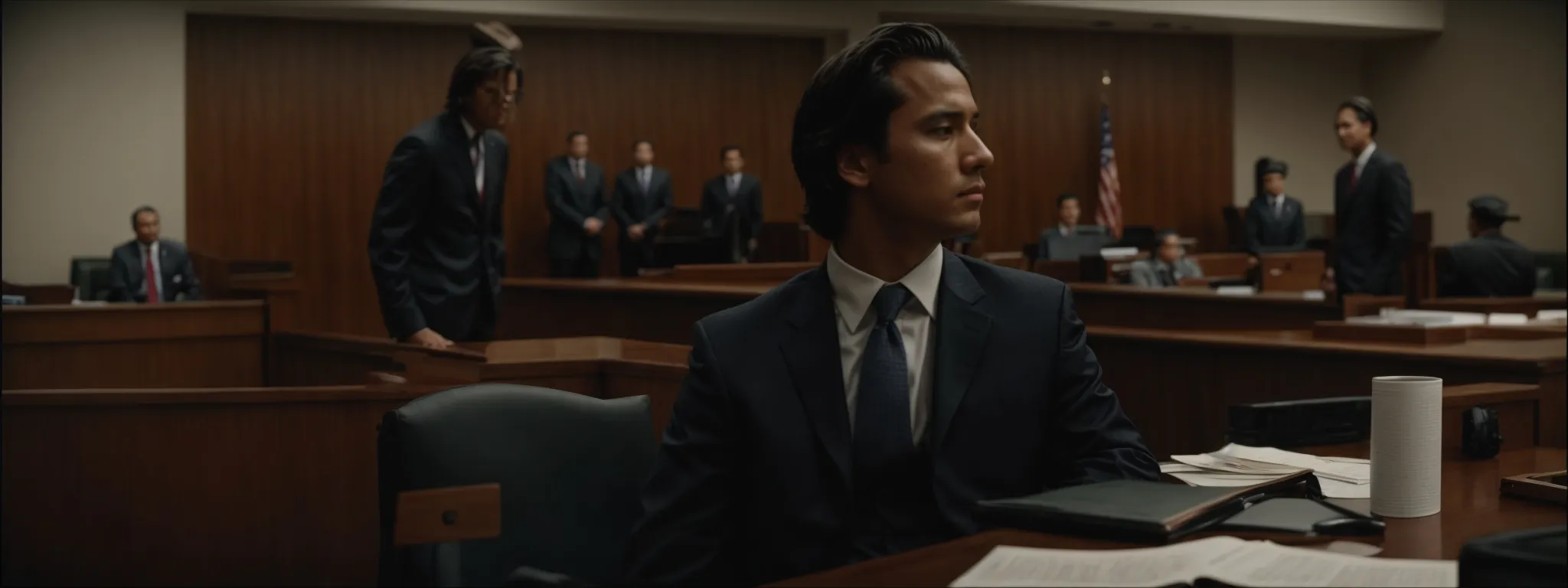 a courtroom in waco with a focus on a defendant standing confidently beside their attorney, who's in the midst of a compelling argument.