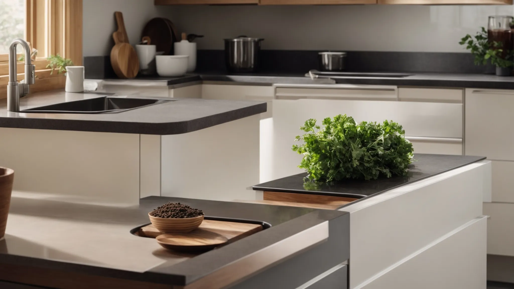 a sleek kitchen countertop with an integrated compost bin.