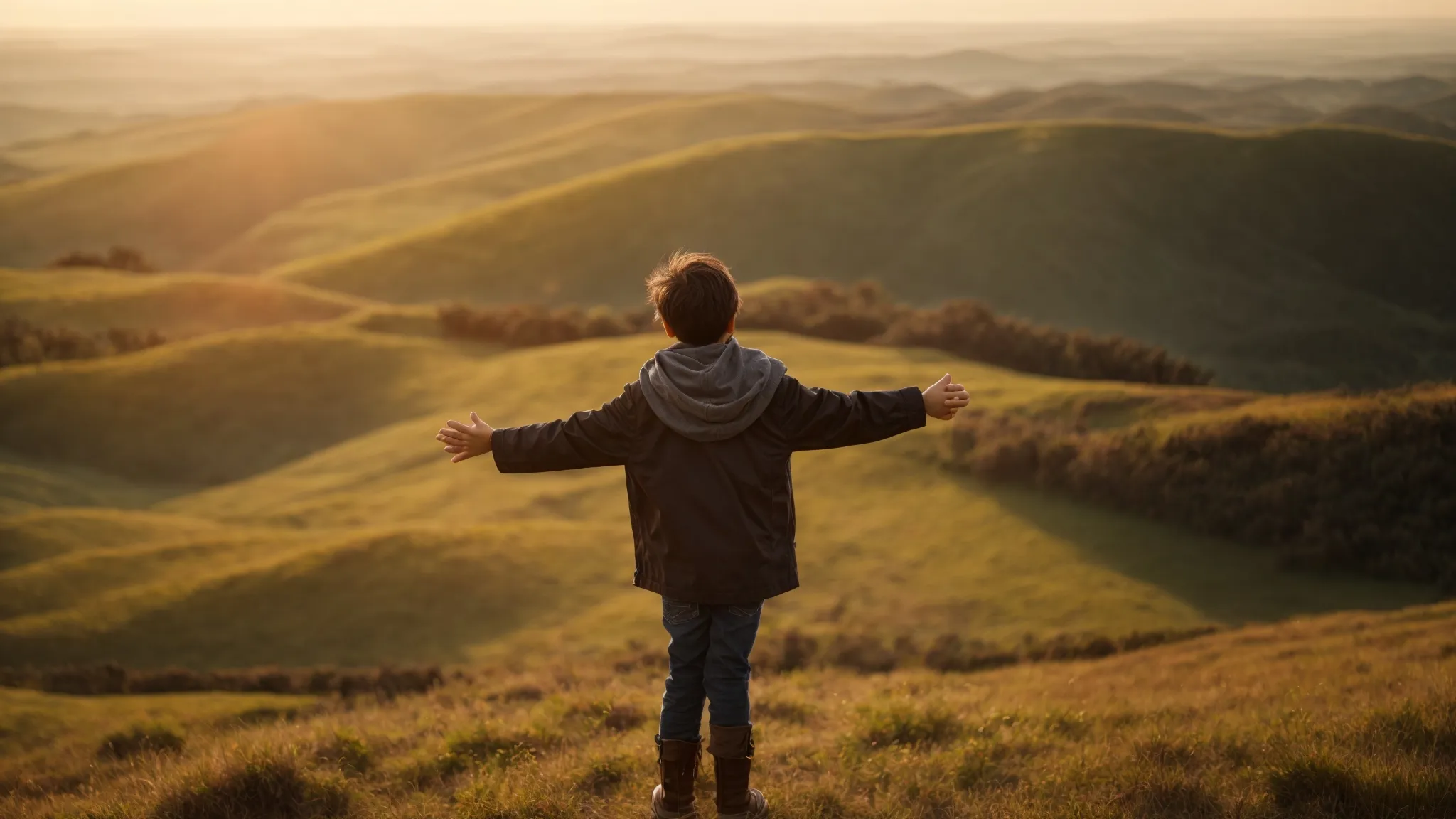 a child with outstretched arms stands on a hilltop, gazing at a vast, sunlit horizon.
