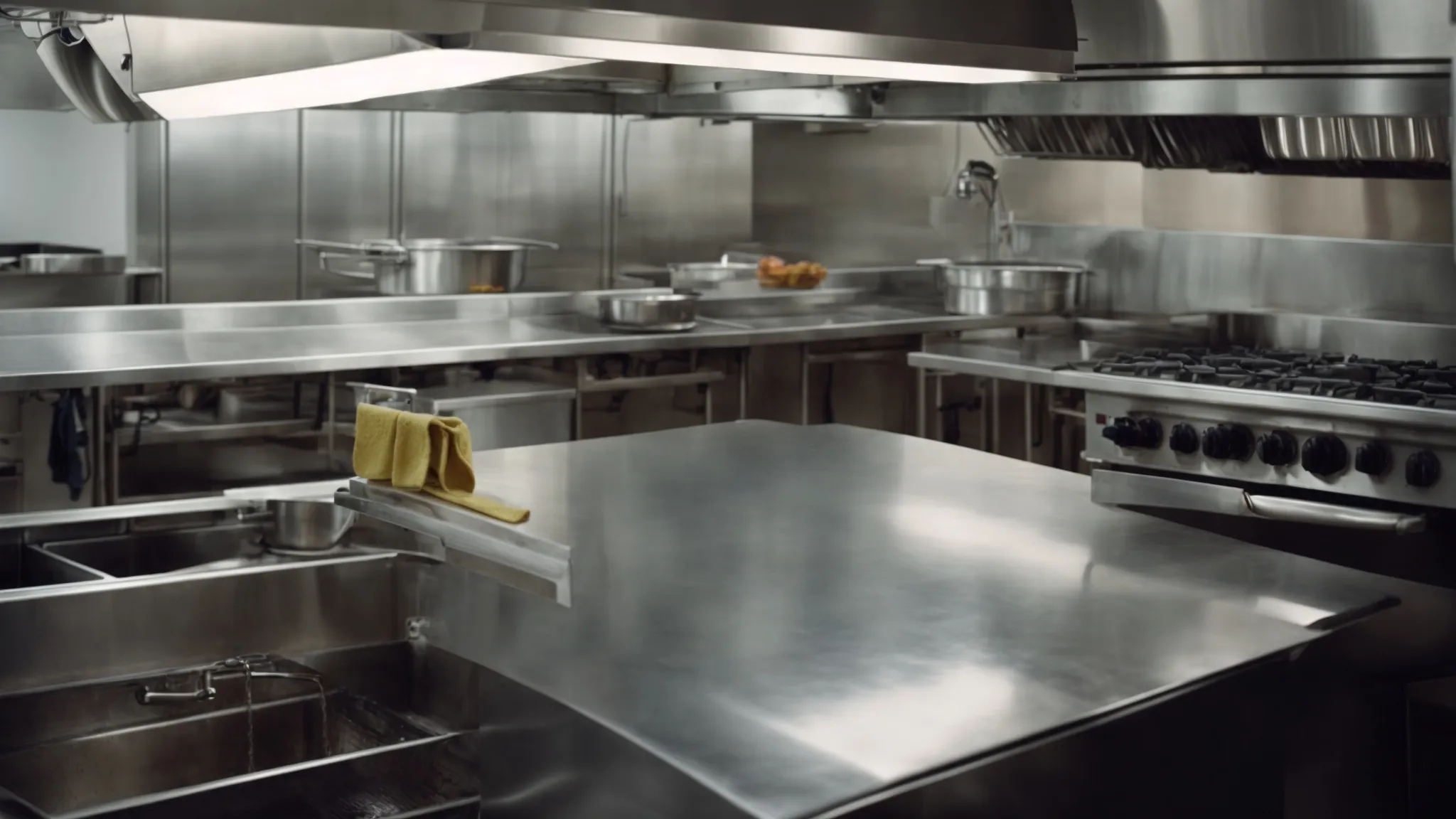 a professional cleaner inspects the hood of a commercial kitchen, preparing for an intensive cleaning process.