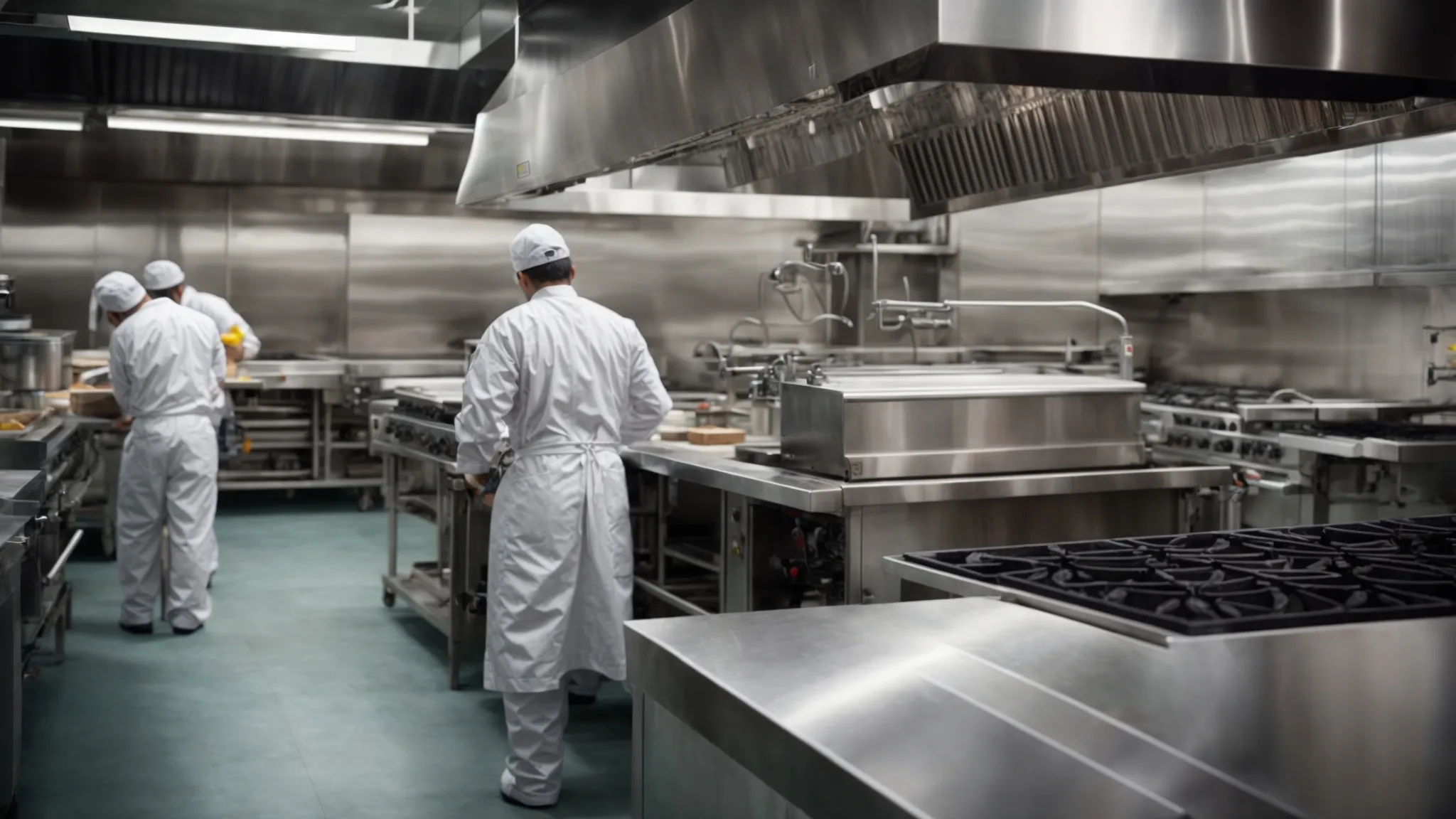 a professional team cleans a large commercial kitchen, focusing on the hood and exhaust systems to ensure safety and efficiency.