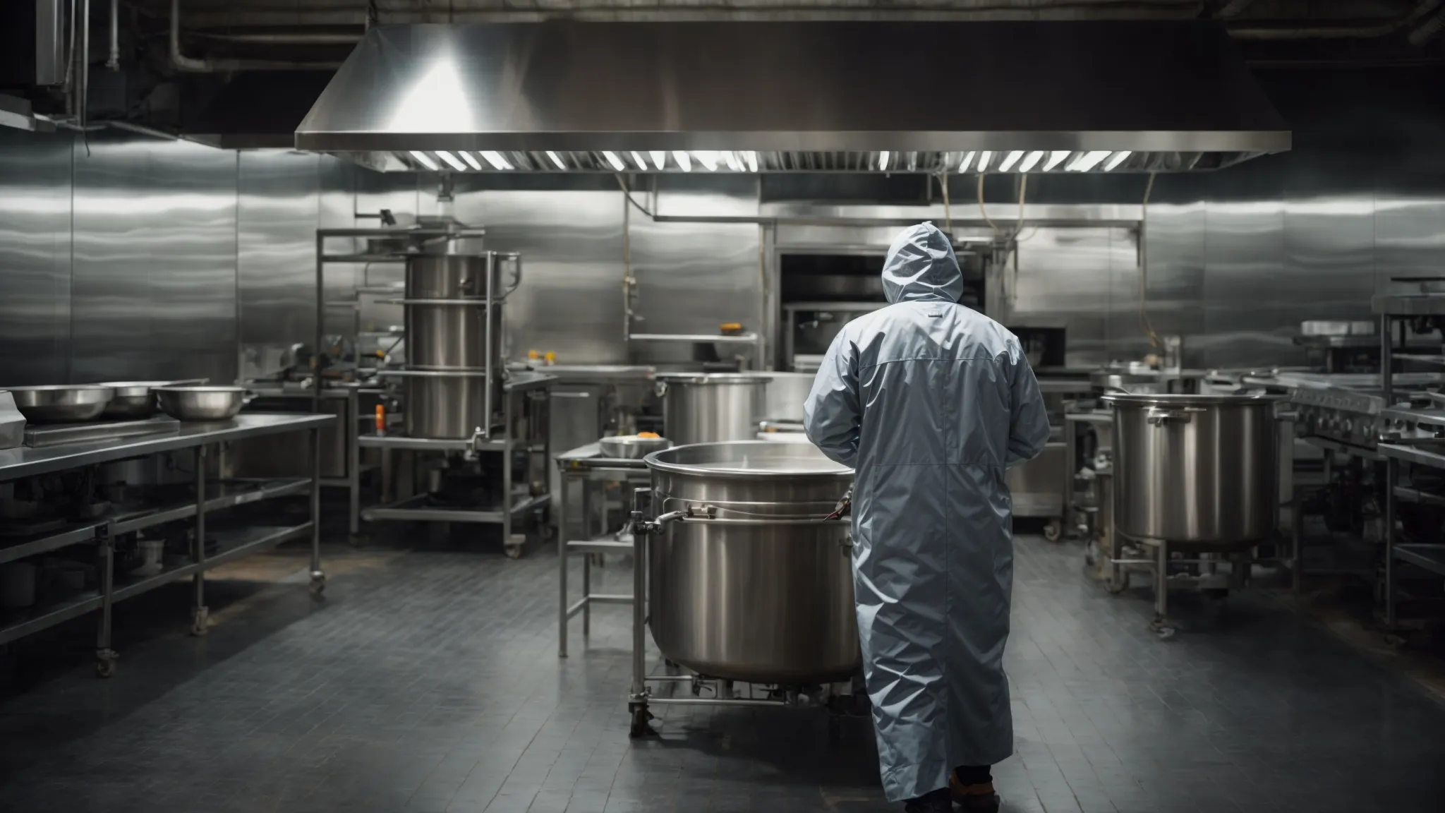 a team of professionals wearing protective gear meticulously cleans a large commercial kitchen exhaust system.