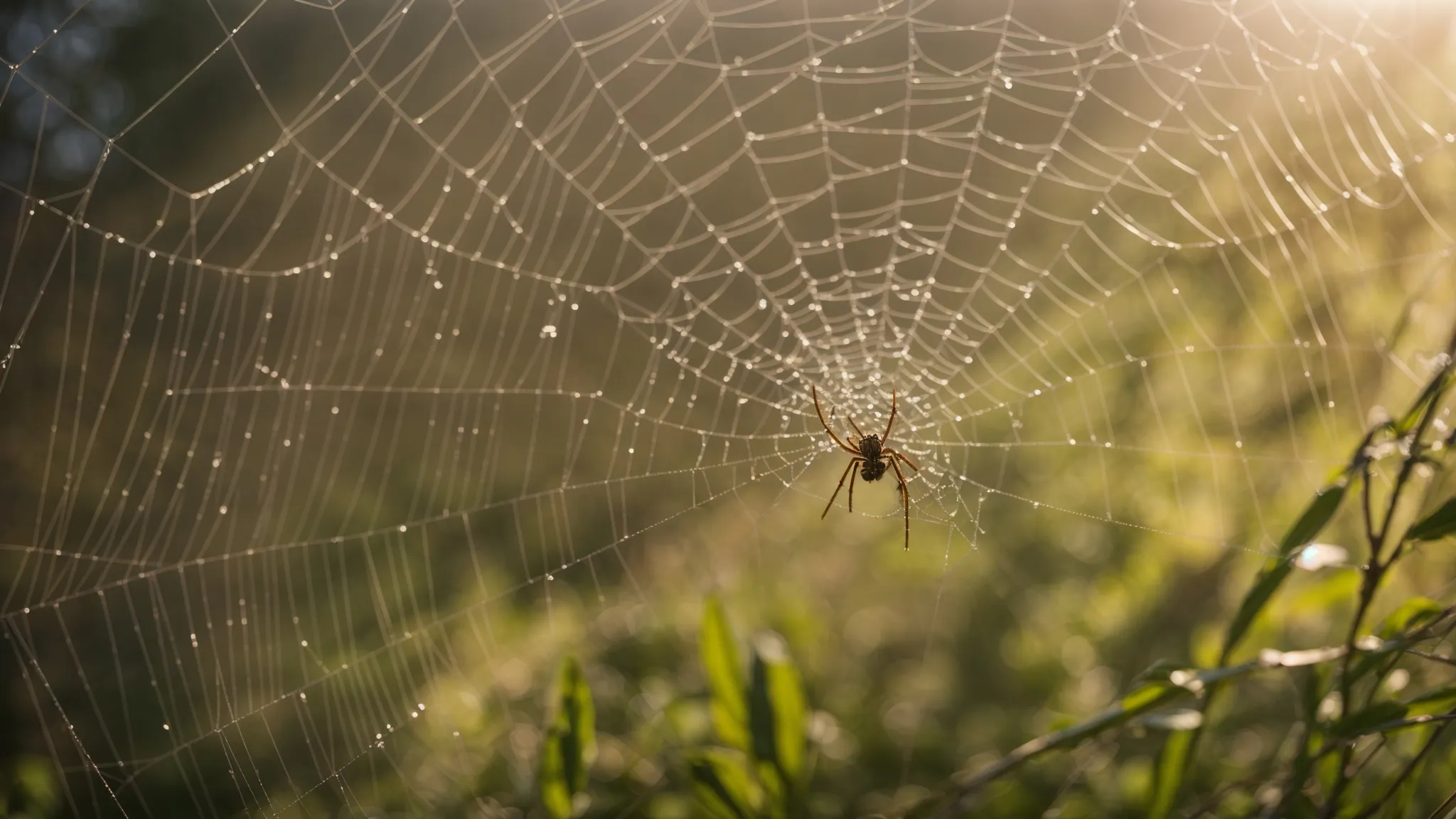 a close-up view of a spider weaving an intricate web in the morning light.