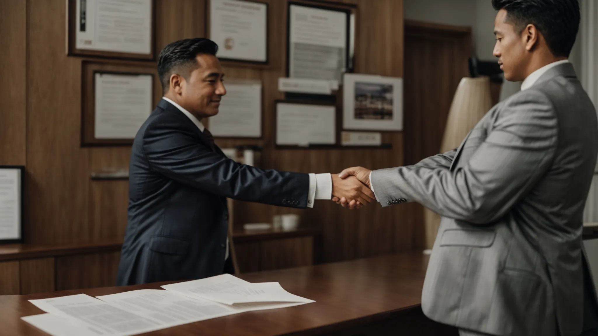 a small business owner shaking hands with a government official across a table, with a contract and a small scale model of a business expansion plan in front of them.