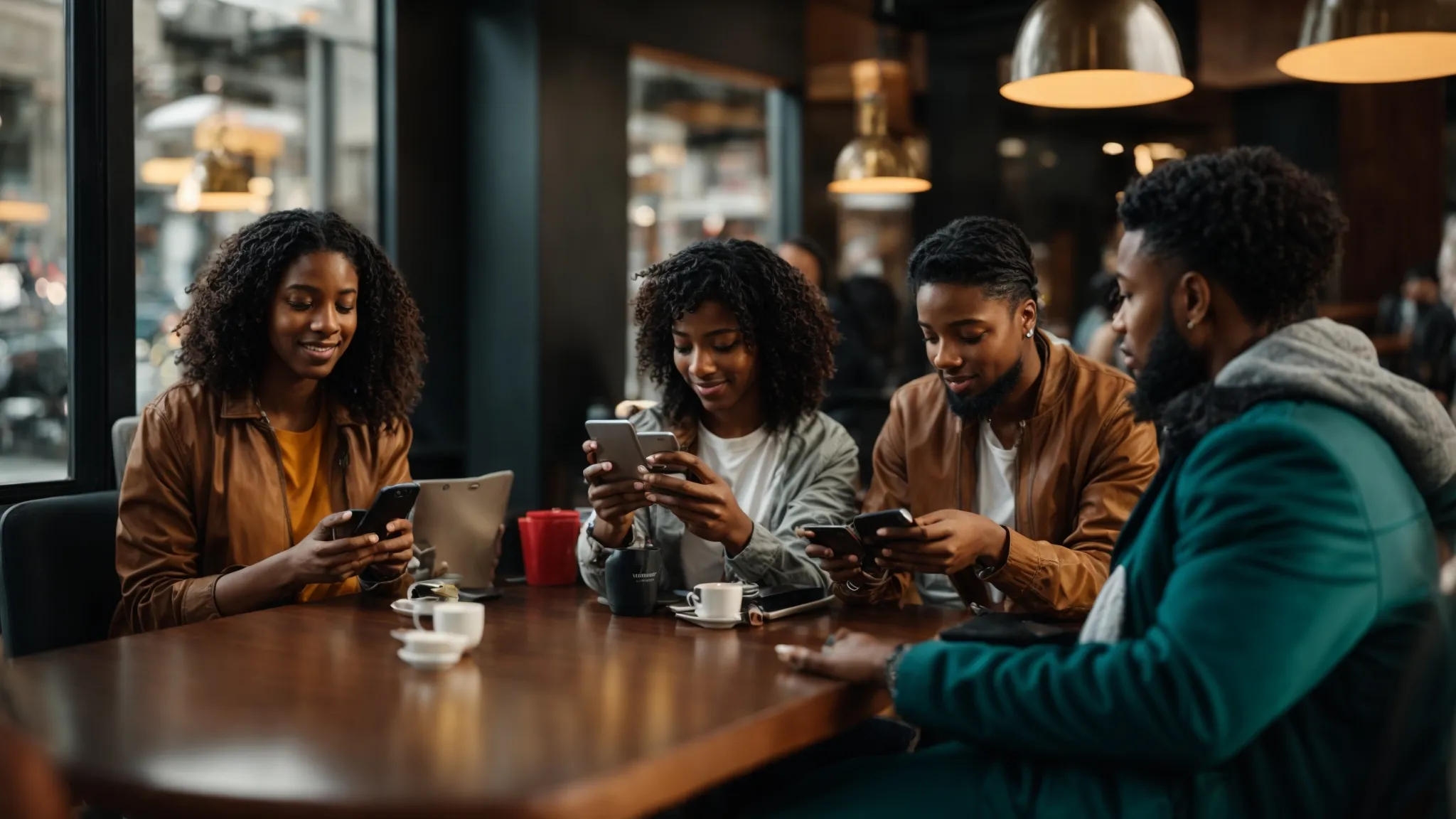 a diverse group of people engaged with their smartphones and tablets in a vibrant, bustling cafe, symbolizing the connectivity and targeted engagement of social media.