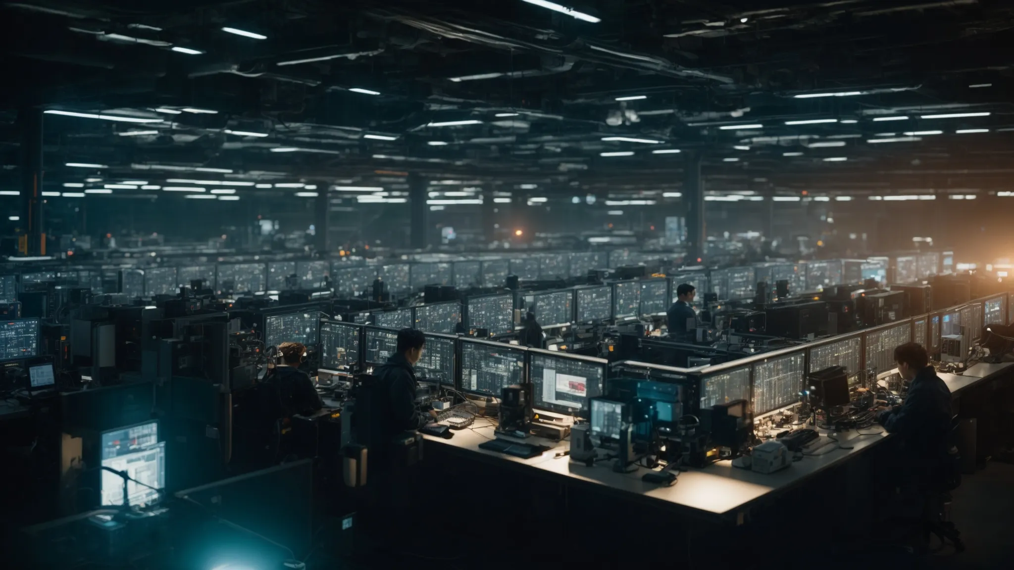 a vast network of interconnected machines and computers operating in a futuristic factory setting, under the watchful glow of artificial intelligence indicators.