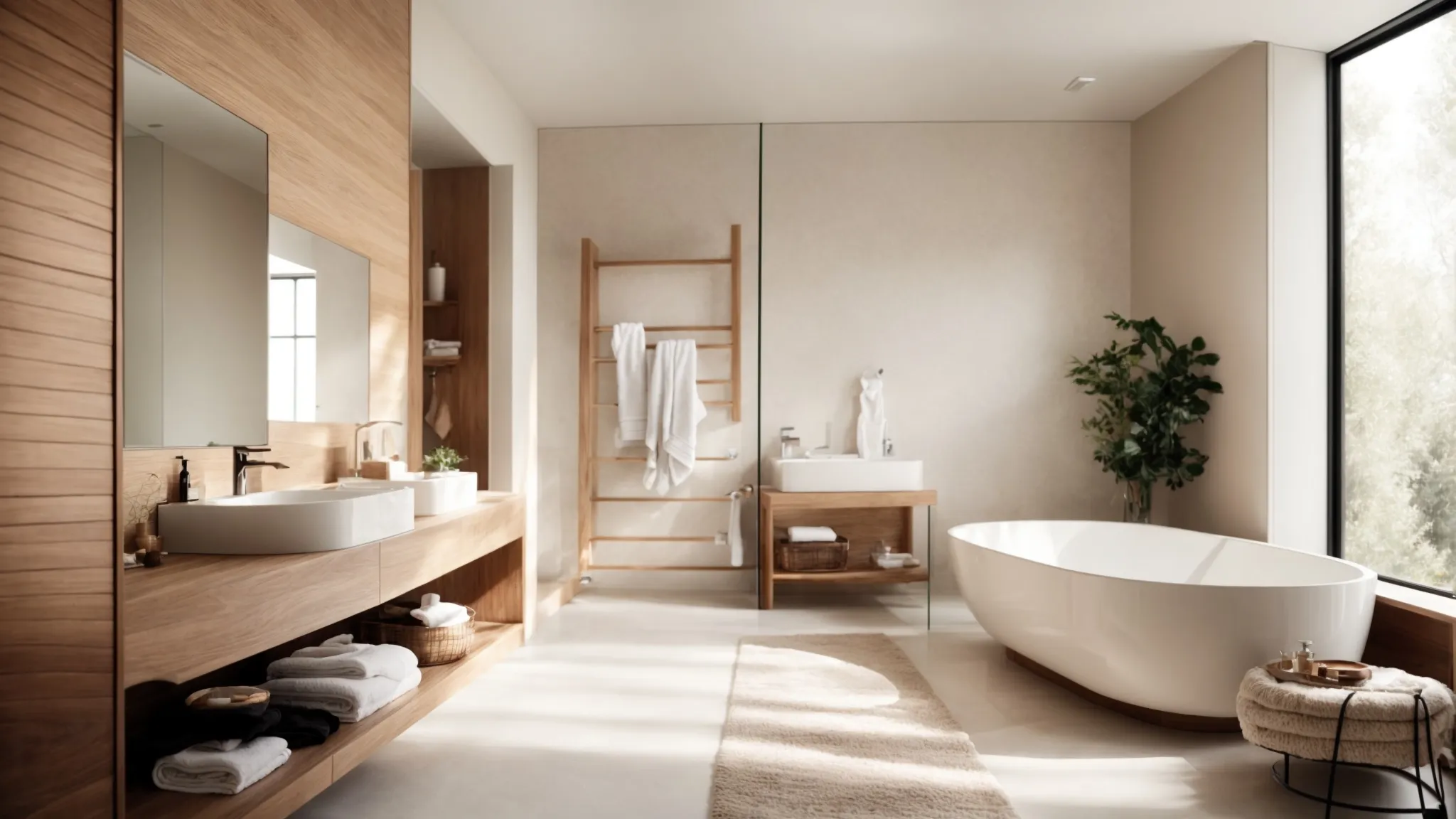 a sleek, modern bathroom bathed in soft natural light, with a freestanding tub, large mirror, and plush towels artistically arranged.