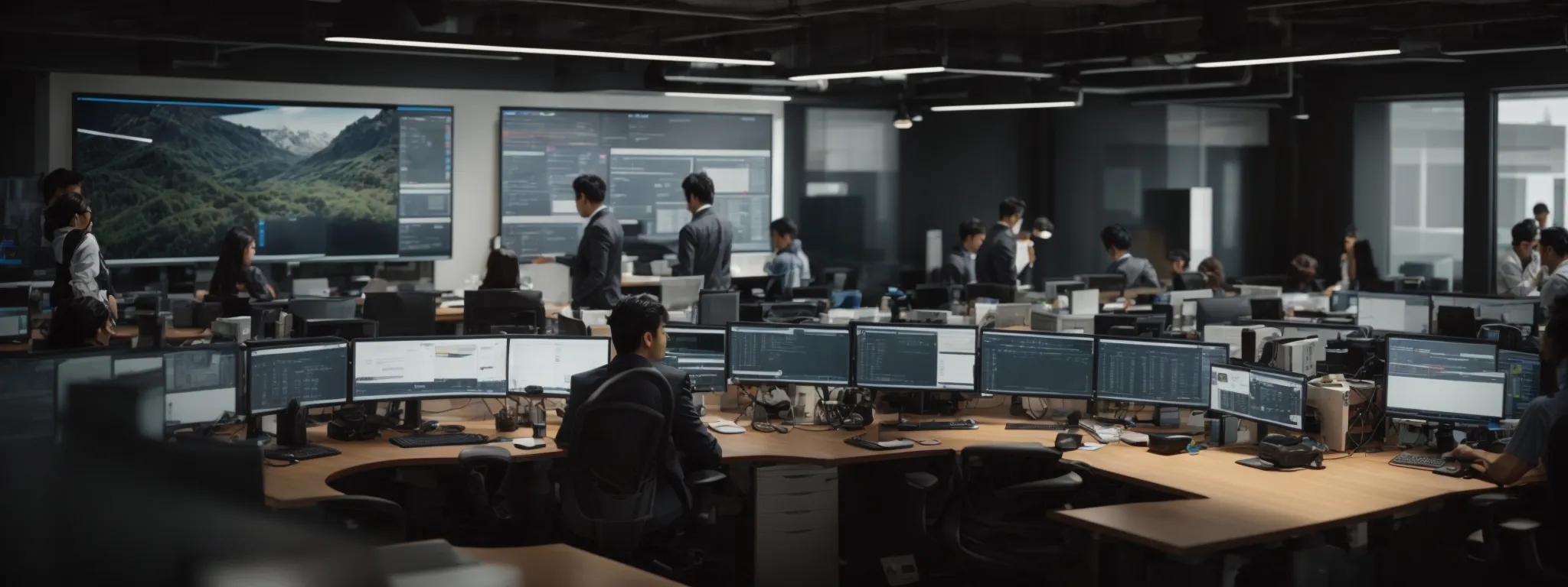 a panoramic view of a bustling startup office with teams collaborating around computers and digital marketing charts displayed on monitors.