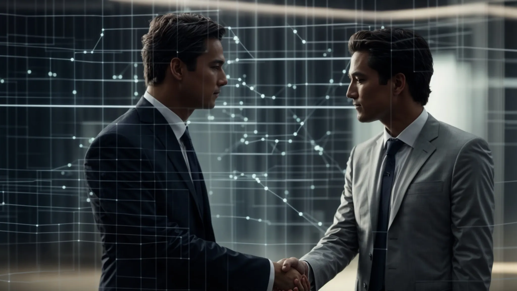 two business people shaking hands in front of a digital screen displaying interconnected web nodes.