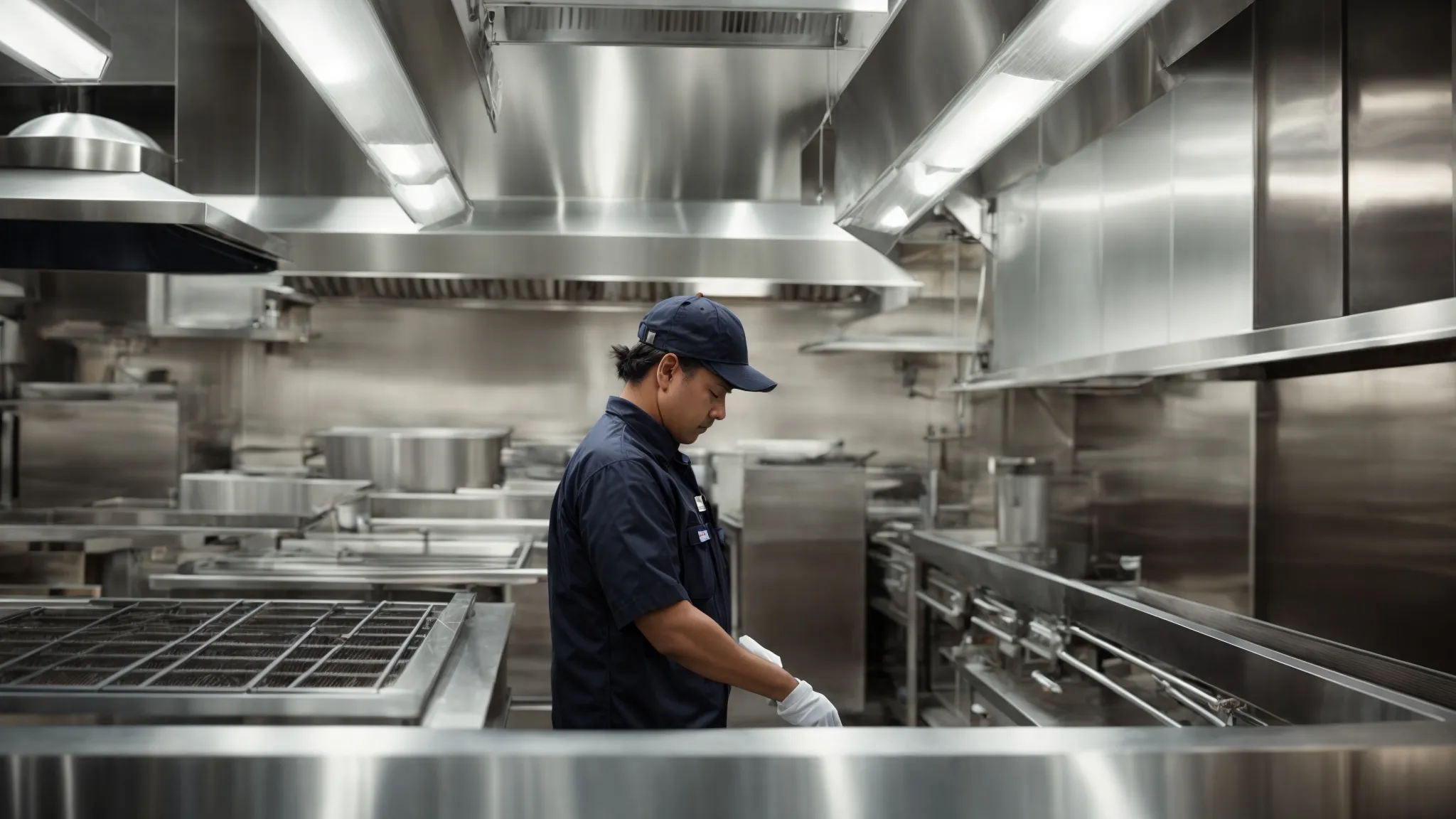 a professional cleaner inspects a sparkling clean commercial kitchen exhaust hood.