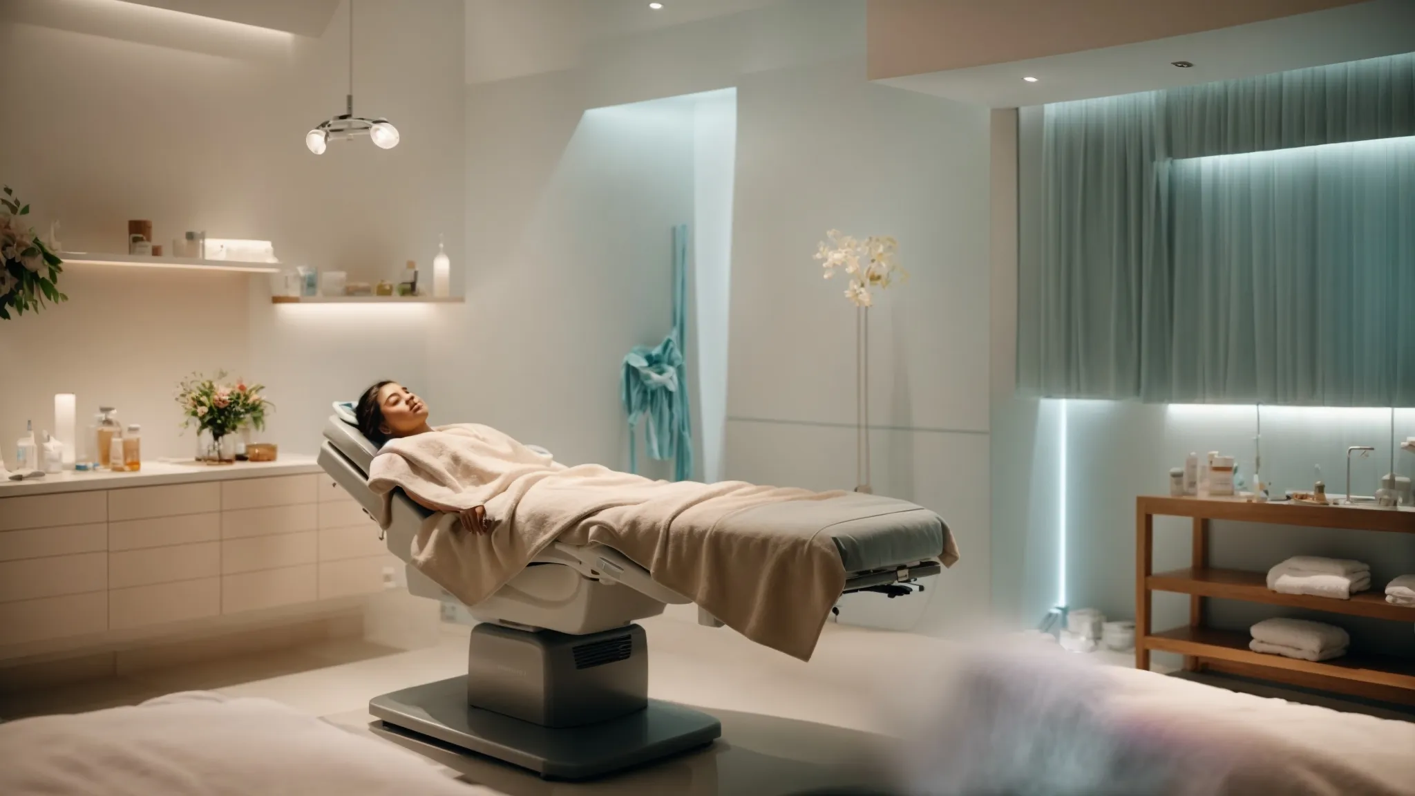 a serene medical spa room with a patient lying back on a treatment chair under soft, ambient lighting.