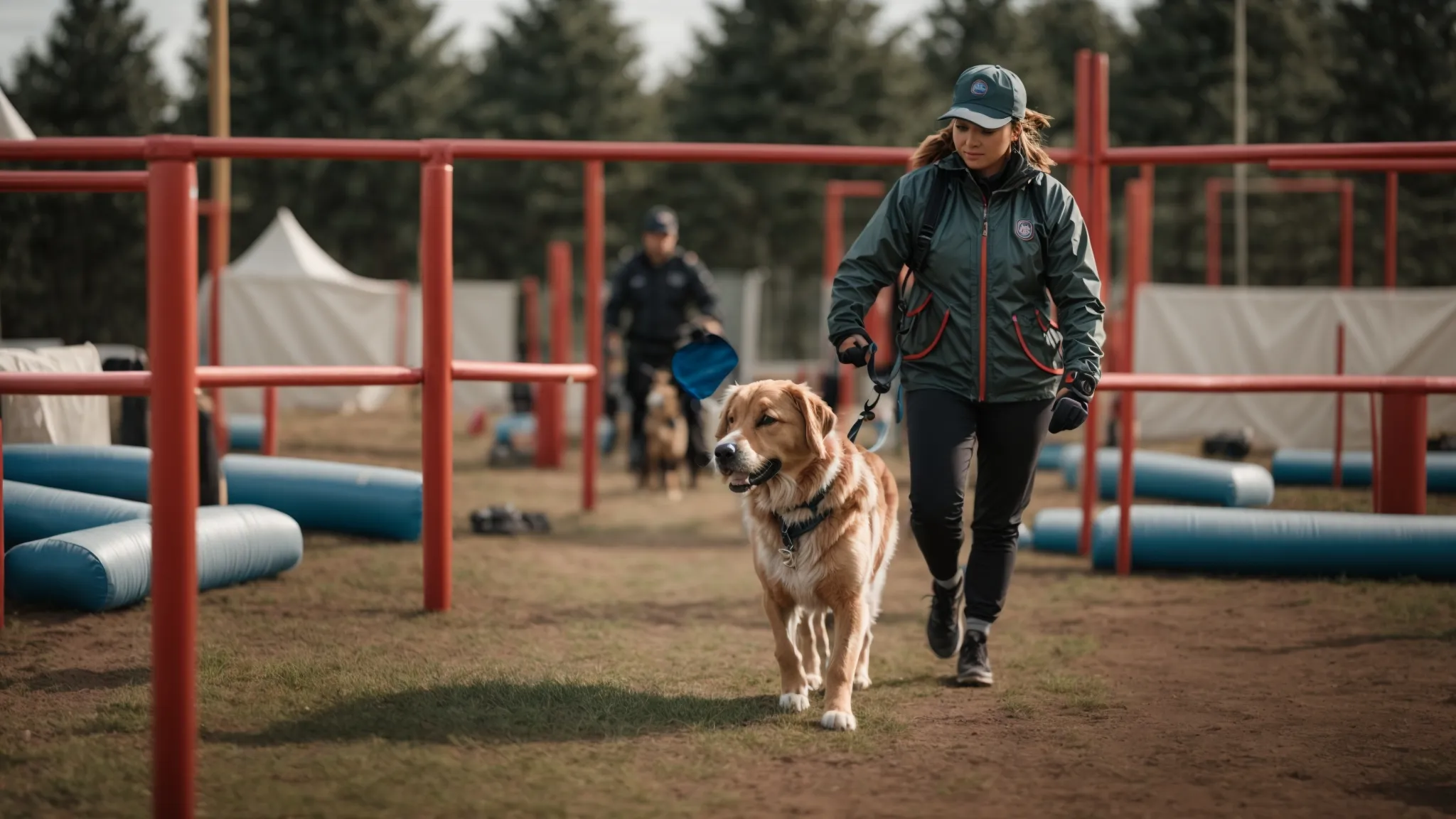 a professional dog trainer attentively guides a service dog through obstacle course elements in a spacious training field.