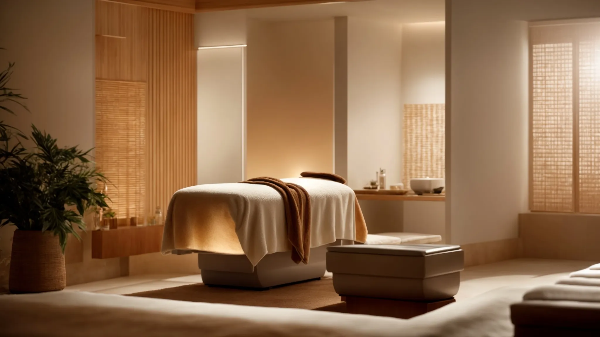 a serene spa room lit by soft ambient light where a person is reclining on a treatment bed, looking relaxed.