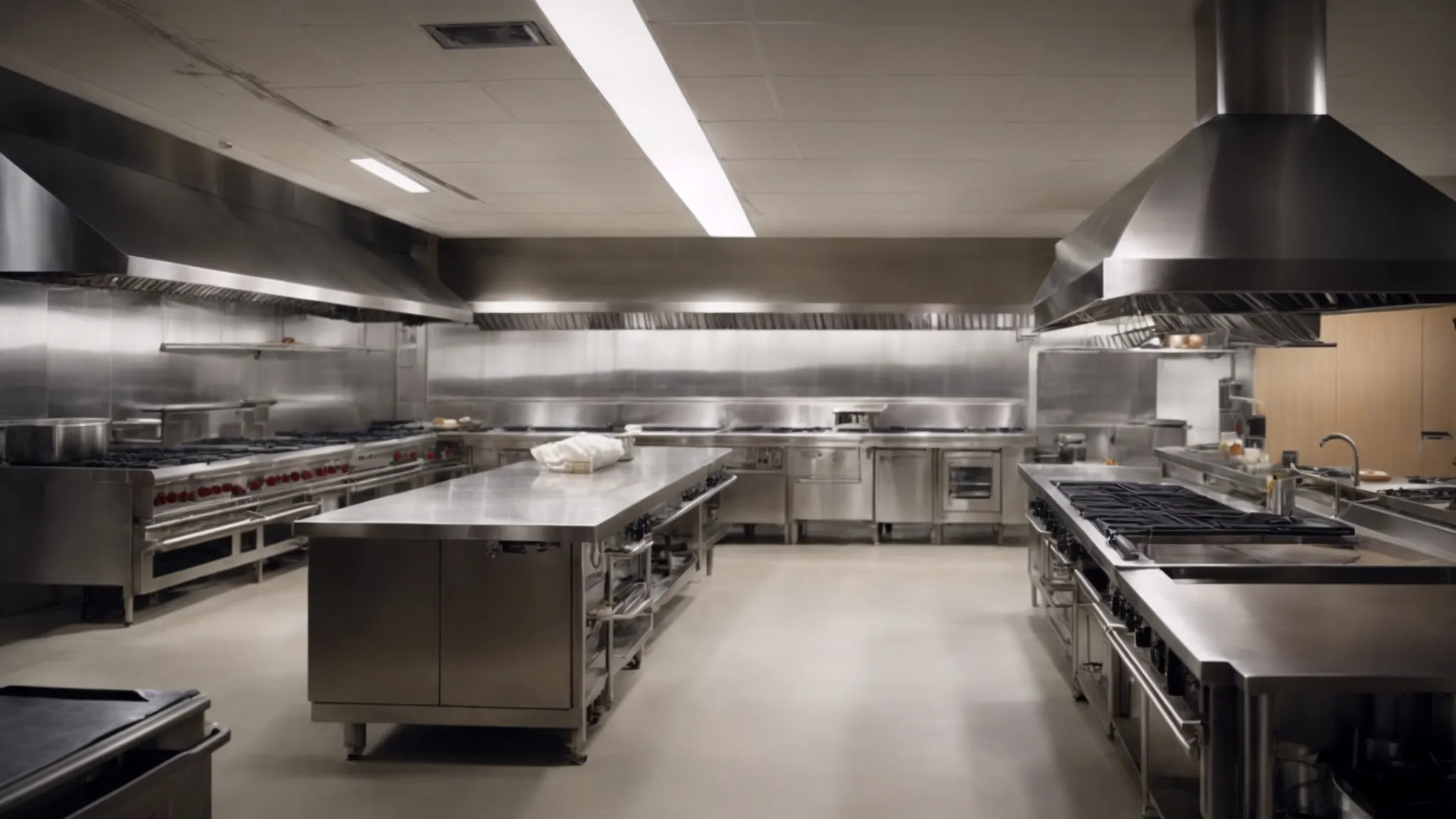 a commercial kitchen suspended in the early morning calm, with all cooking appliances off and surfaces cleared, ready for the hood cleaning team's arrival.
