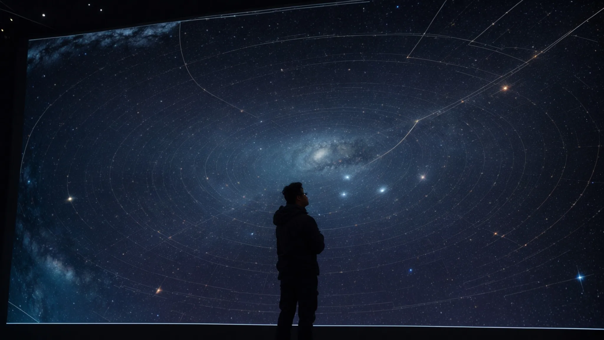 an astronomer maps constellations on a large, interactive digital screen, shaping unseen connections against a backdrop of the night sky.