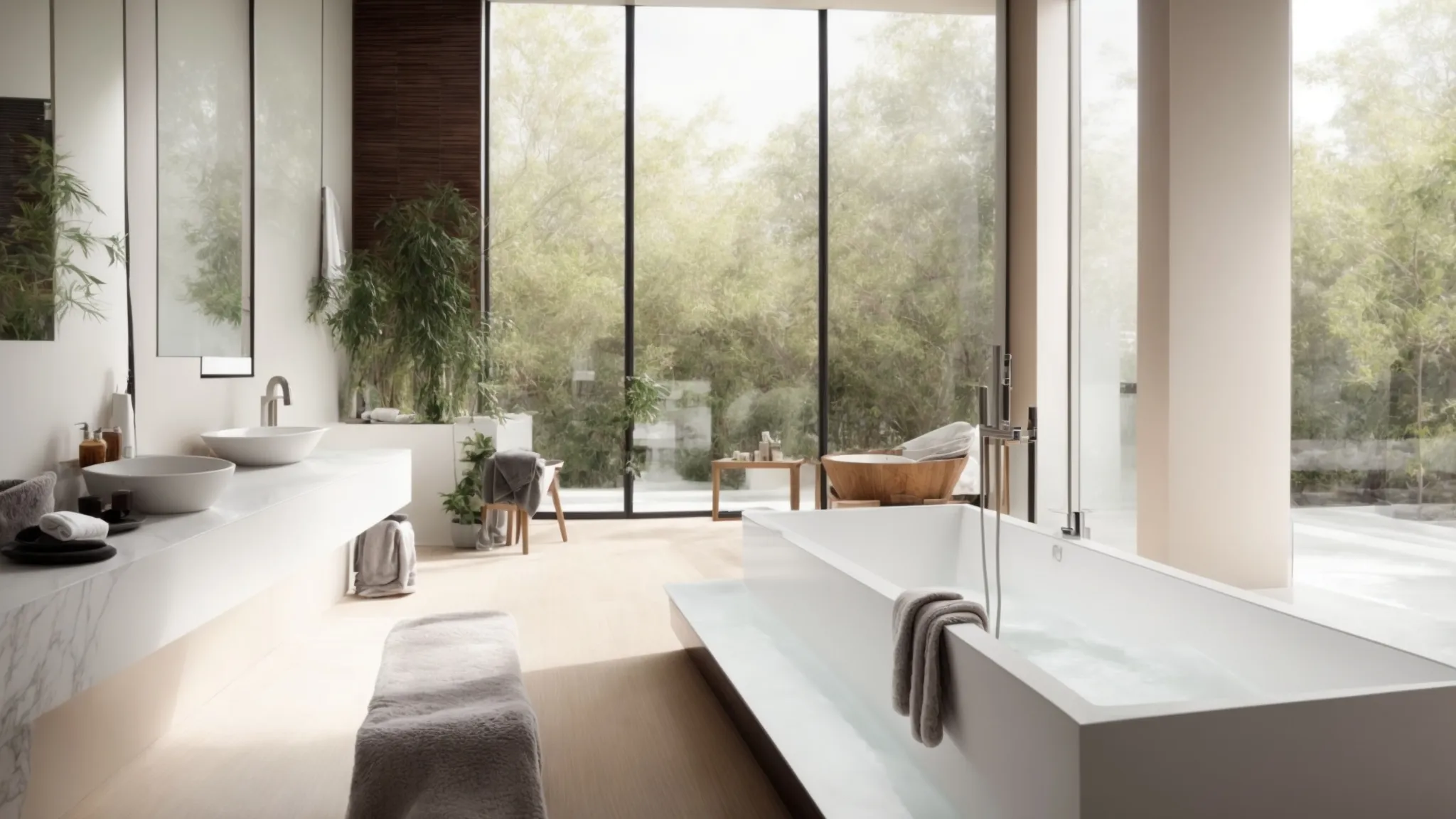 a modern bathroom featuring sleek composite material countertops and a bathtub, highlighting a palette of serene hues and contemporary design.