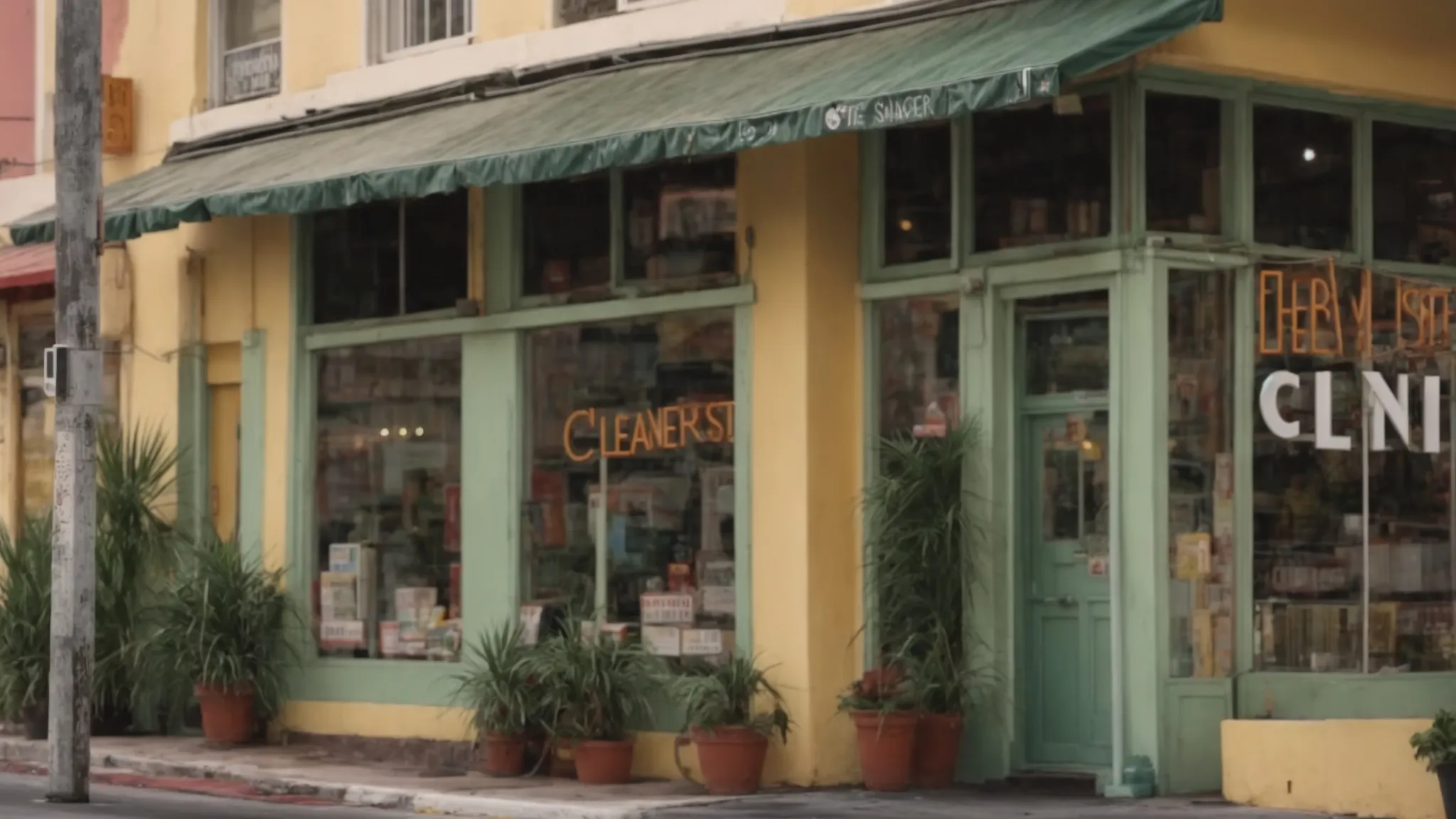 a bustling tampa street with a vibrant sage cleaners storefront, welcoming residents with open doors and a promise of value.