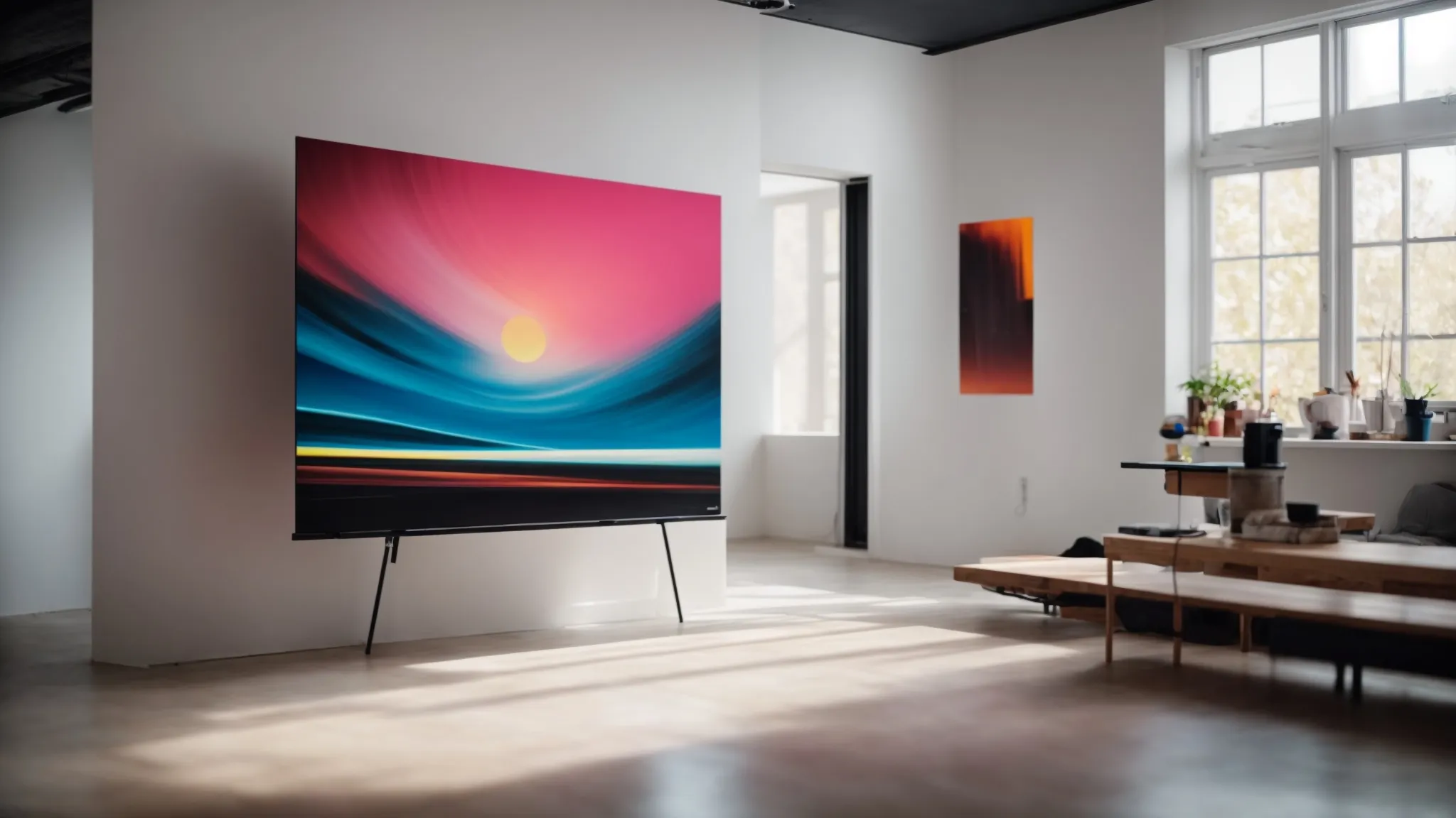 a sleek, minimalistic studio with a vibrant, modern painting on the wall, drawing the eye towards a strategically placed, glowing 