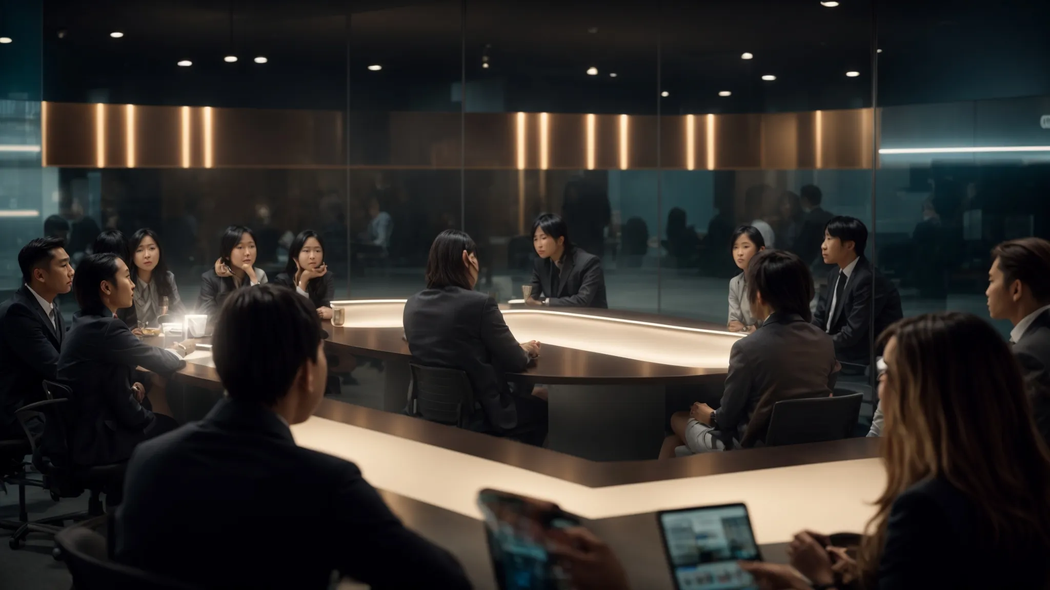 a diverse group of people sitting around a large table, passionately discussing ideas with glowing screens in front of them.