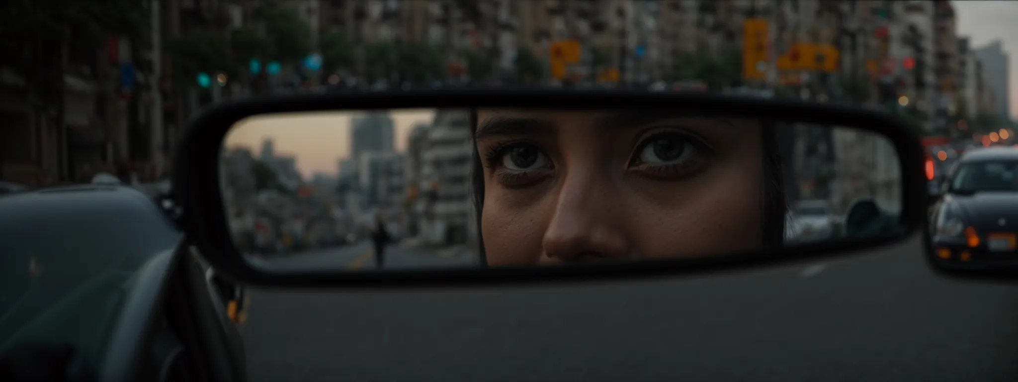 a person cautiously navigating their vehicle through a quiet street, glancing periodically at the rearview mirror with a serene cityscape in the background.