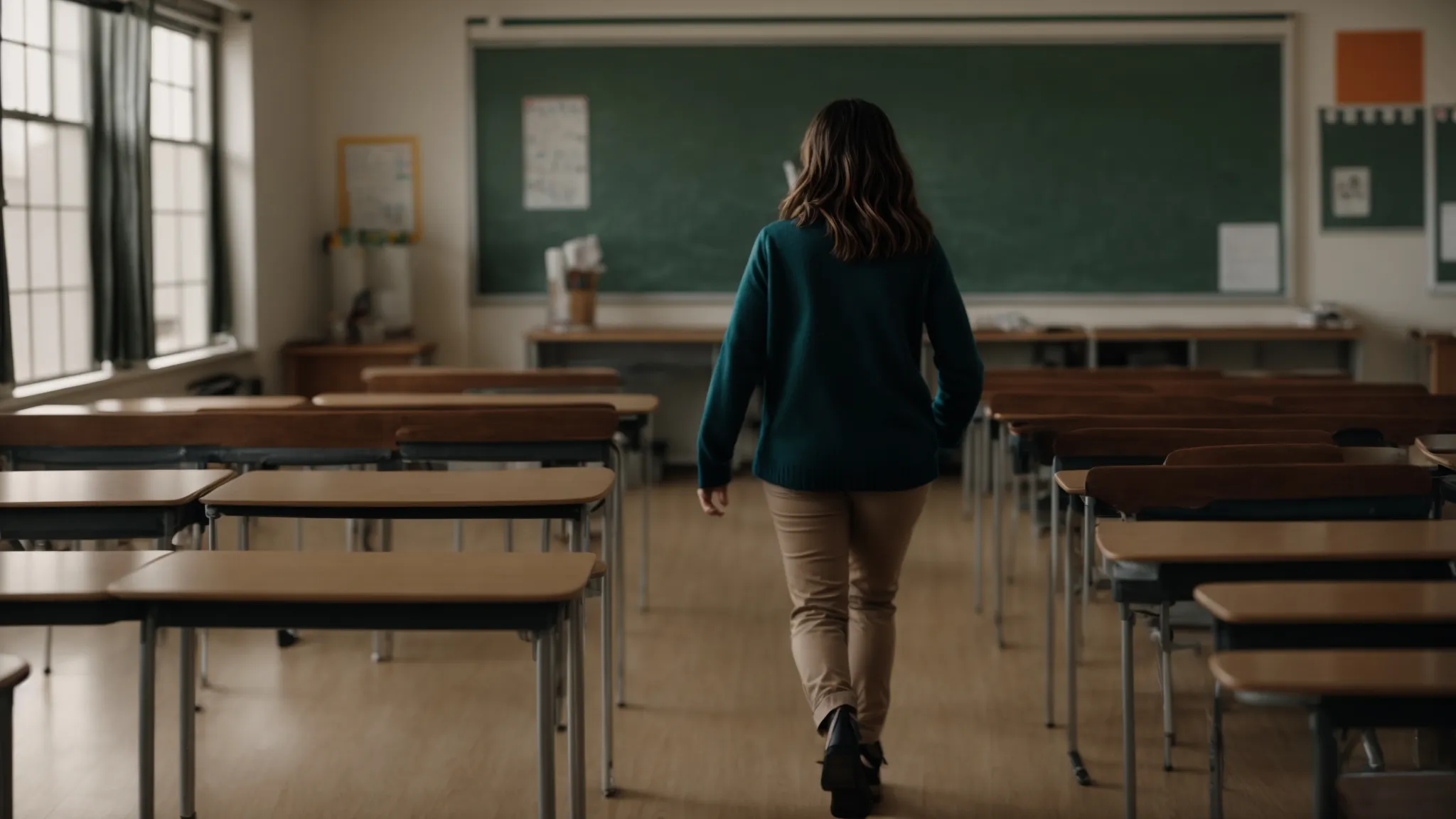 a teacher confidently strides into a classroom, ready to begin the lesson.