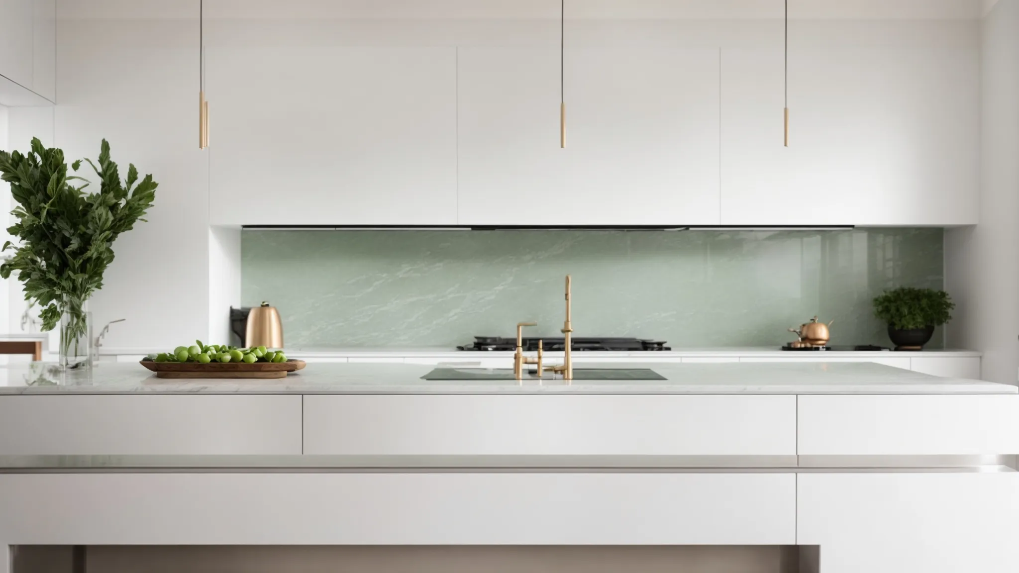 a modern kitchen showcases sleek white cabinetry, a marble countertop, and a solitary vase with a single green leaf, embodying serene minimalism.