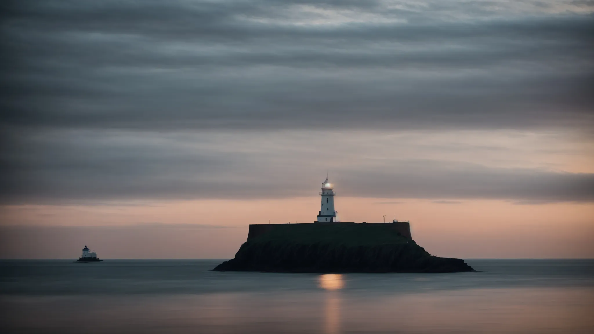 a lighthouse shines over a calm sea at dusk, guiding ships safely to shore.